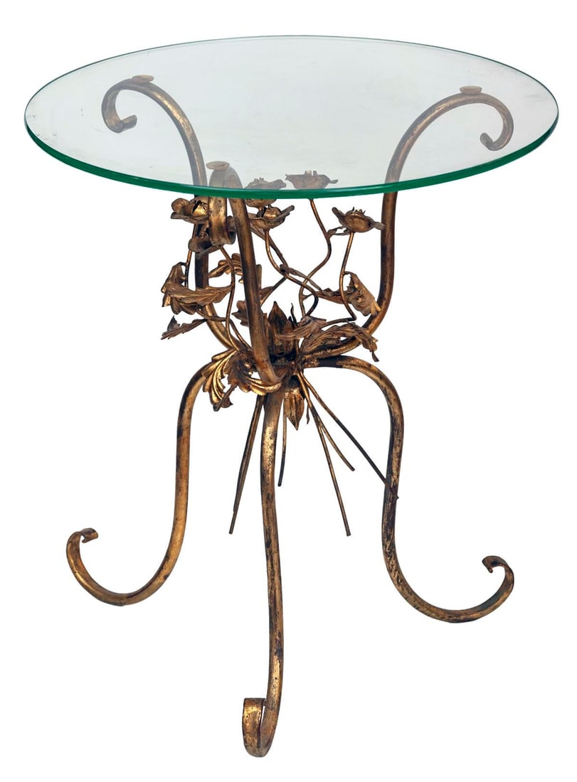 1920s Hollywood Regency Gilt Metal Flowers Bouquet Side Table - 3