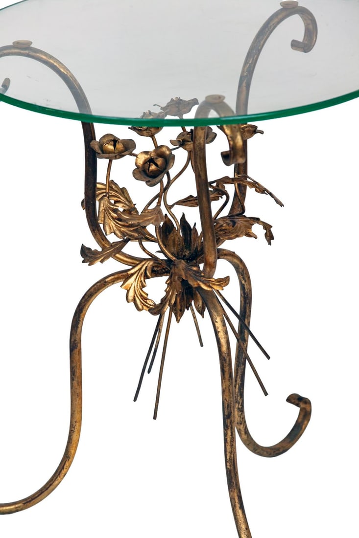 1920s Hollywood Regency Gilt Metal Flowers Bouquet Side Table - 5