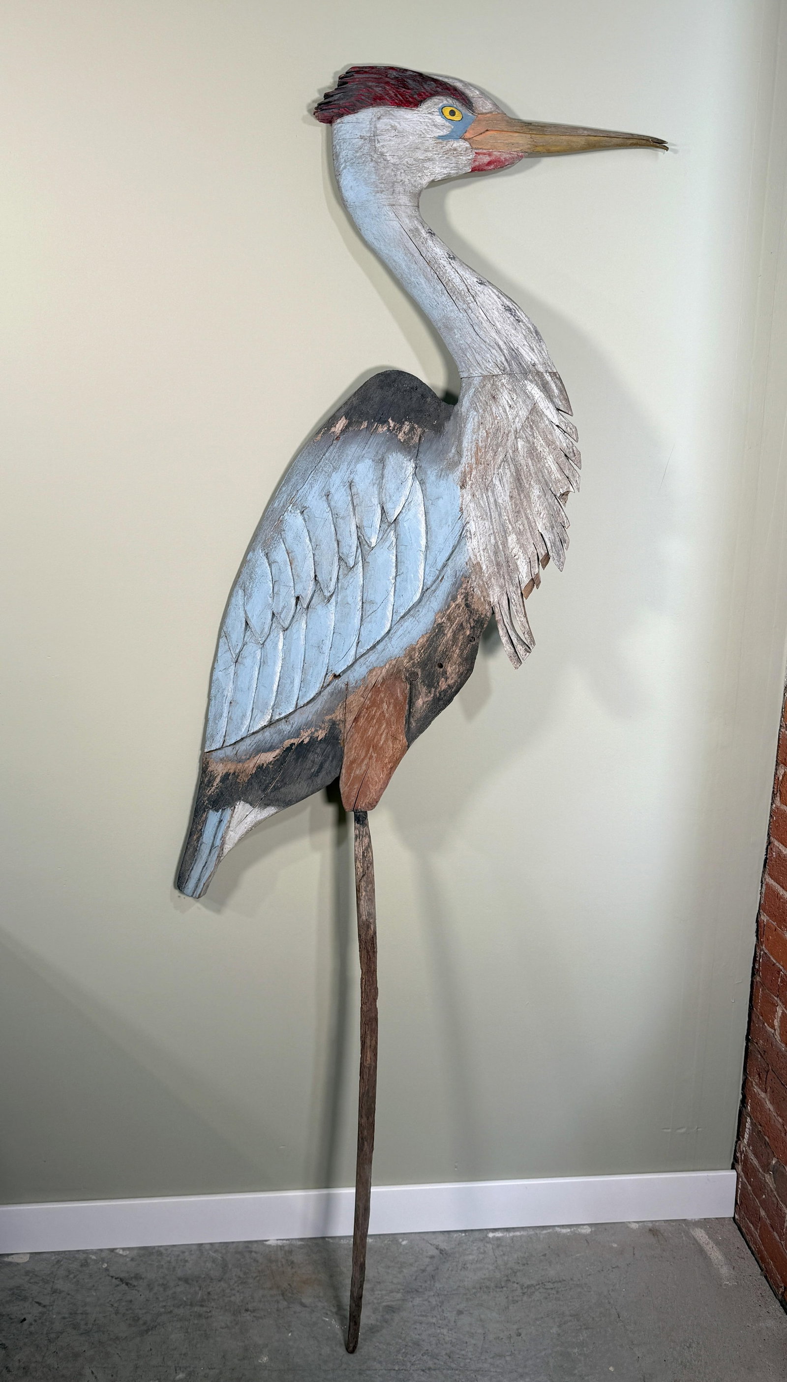 Monumental Folk Art Hand Carved & Painted Wood Blue Heron Garden Sculpture - 3