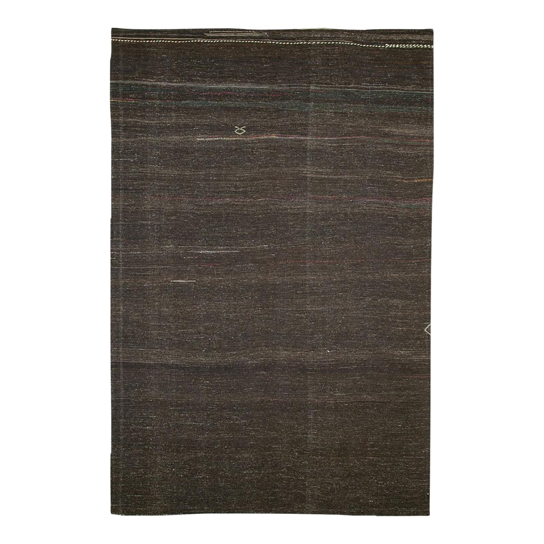 Galerie Shabab Collection Mid-20th Century Handmade Turkish Tribal Flat-Weave Accent Rug in Brown: A vintage Turkish flat-weave Kilim accent rug handmade during the mid-20th century with a tribal aesthetic in brown with only a faint line in green and pink towards the top of the rug. Measures: 6'