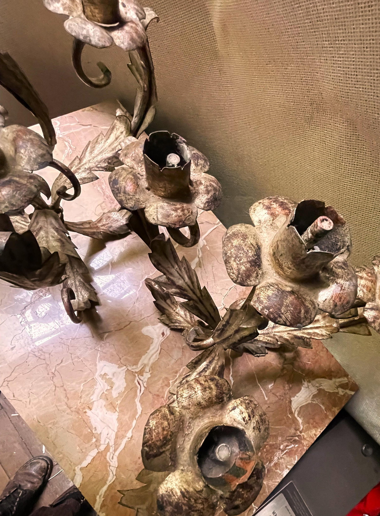 Mid 20th Century Pair of Italian Silver Gilt Tole 4 Light Candelabra Candle Holder Lights Leaf & Swi - 10