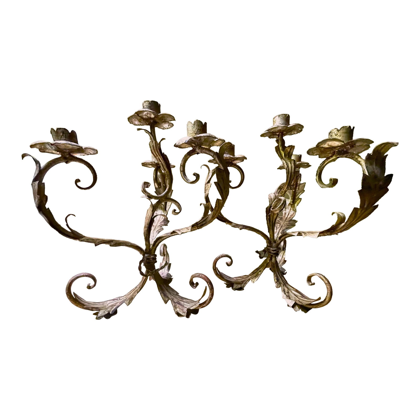 Mid 20th Century Pair of Italian Silver Gilt Tole 4 Light Candelabra Candle Holder Lights Leaf & Swi: A vintage pair of lovely and intentionally worn, warm Italian silver gilt 4 light candelabras with acanthus leaf and hollow swirl metalwork, they would add a decorative, classical touch to the