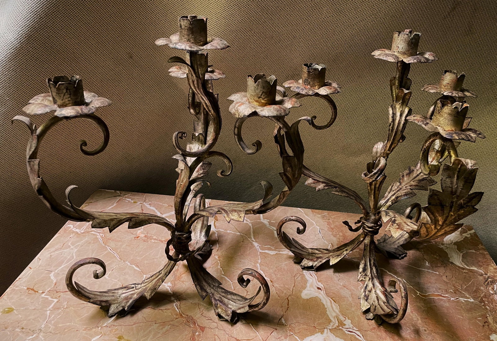 Mid 20th Century Pair of Italian Silver Gilt Tole 4 Light Candelabra Candle Holder Lights Leaf & Swi - 2