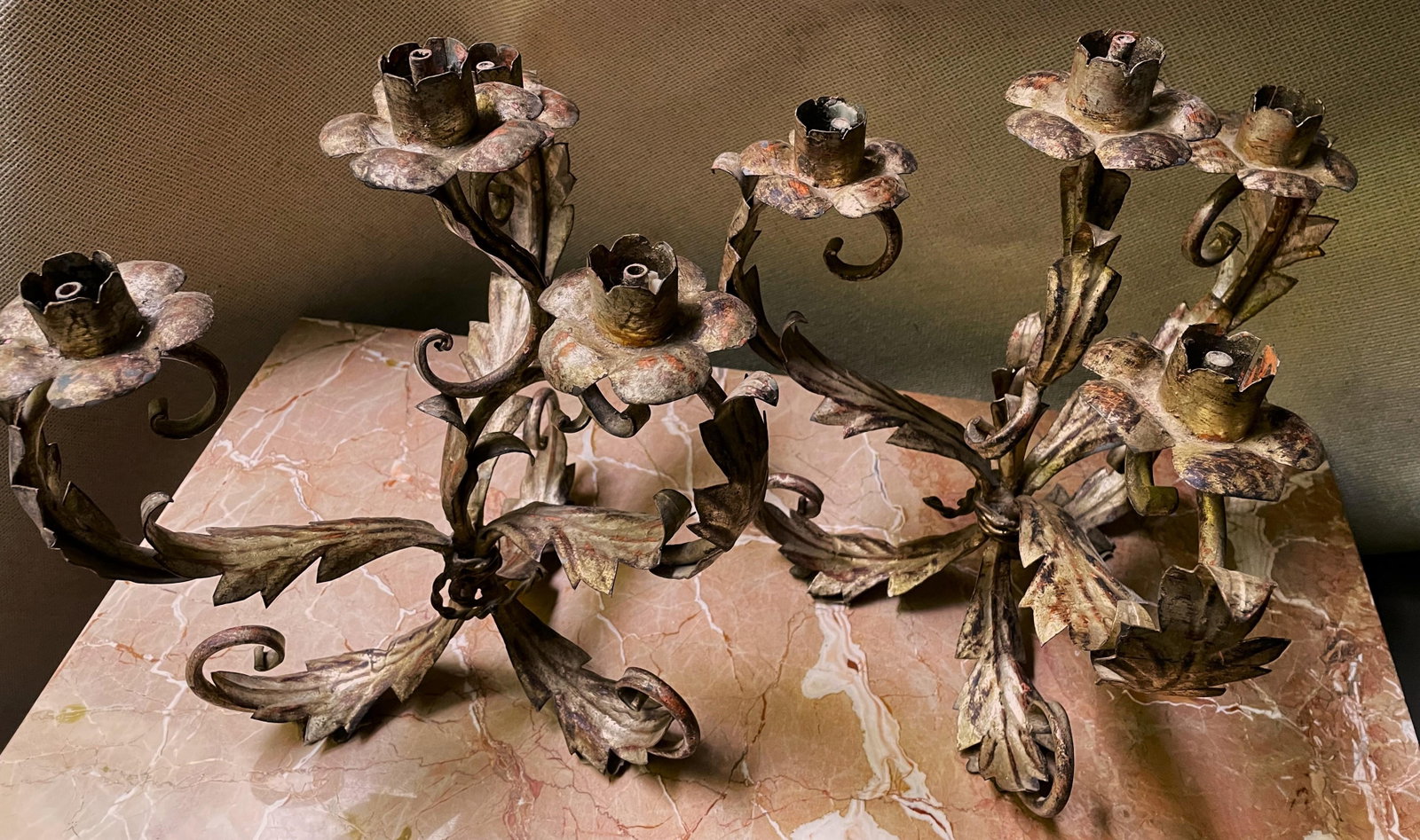 Mid 20th Century Pair of Italian Silver Gilt Tole 4 Light Candelabra Candle Holder Lights Leaf & Swi - 3