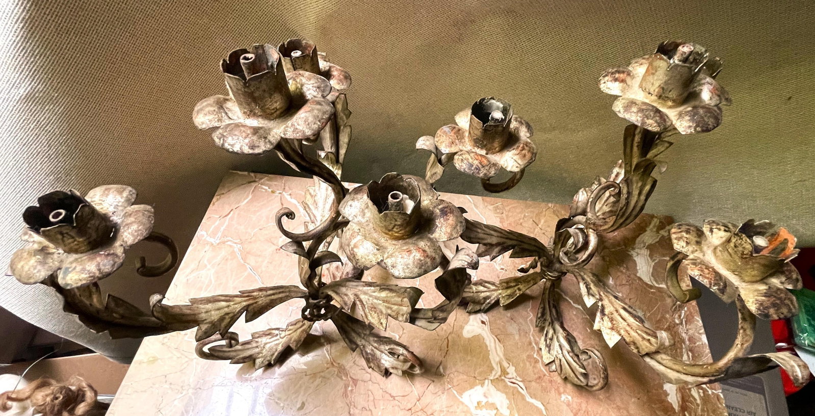 Mid 20th Century Pair of Italian Silver Gilt Tole 4 Light Candelabra Candle Holder Lights Leaf & Swi - 5