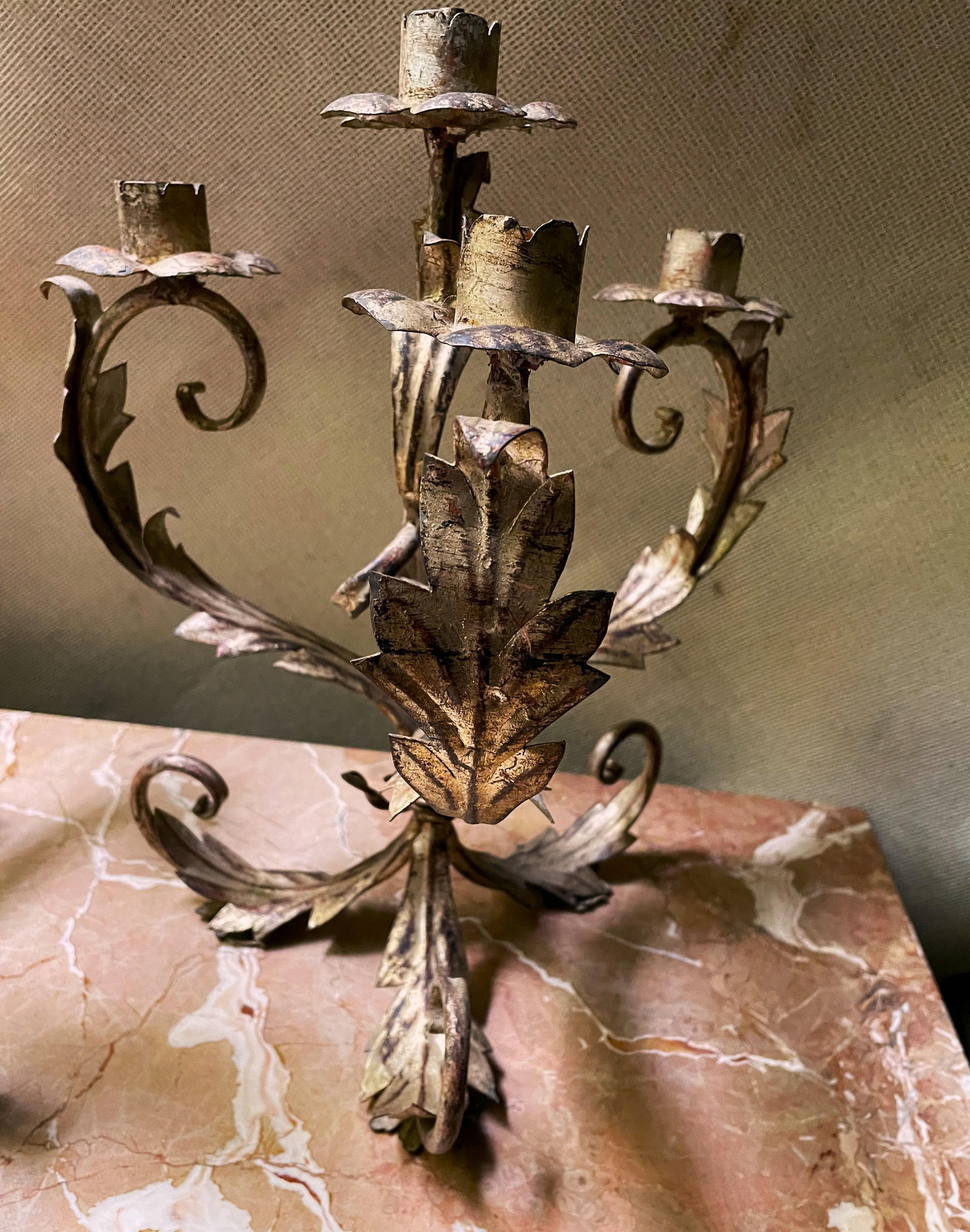 Mid 20th Century Pair of Italian Silver Gilt Tole 4 Light Candelabra Candle Holder Lights Leaf & Swi - 7