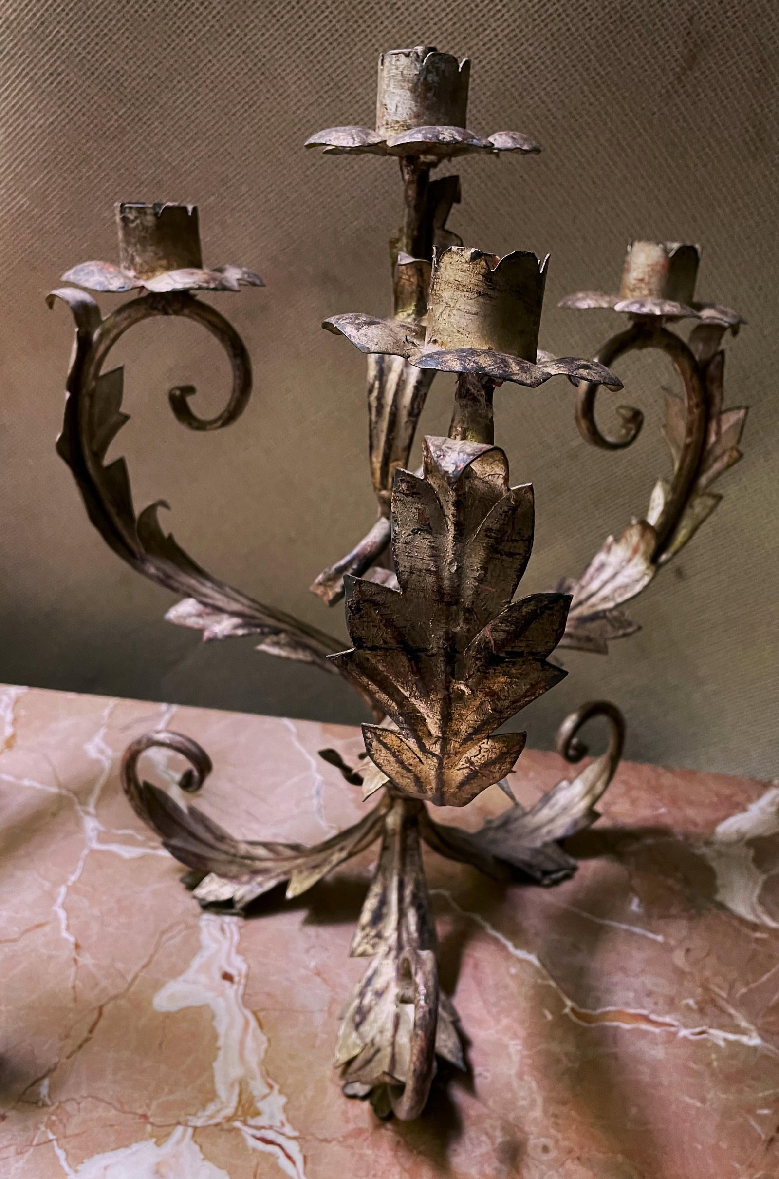 Mid 20th Century Pair of Italian Silver Gilt Tole 4 Light Candelabra Candle Holder Lights Leaf & Swi - 8