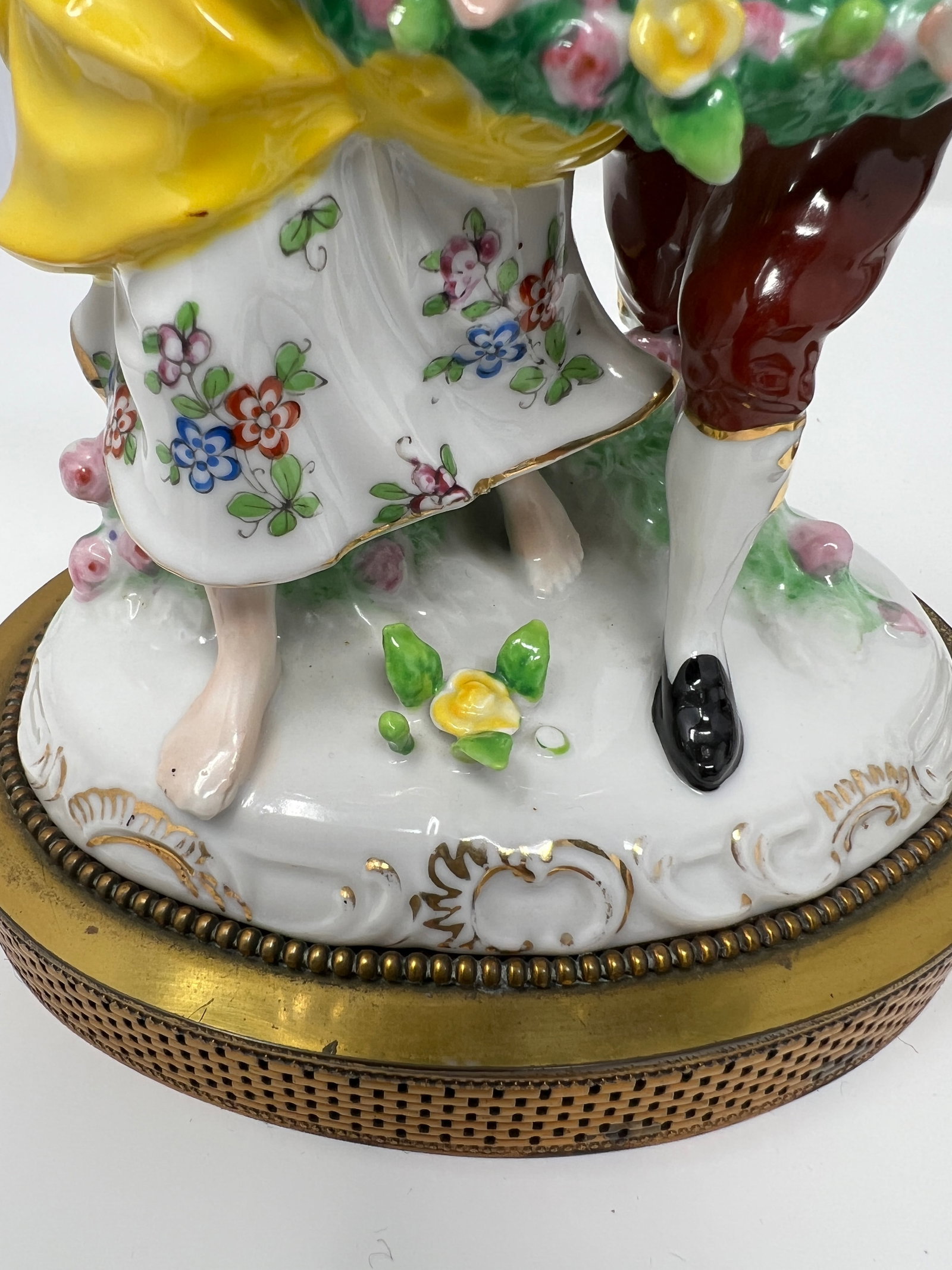Pair of Dresden Style Porcelain Courting Couple Figurines on Pierced Metal Bases, Circa 1900 - 10