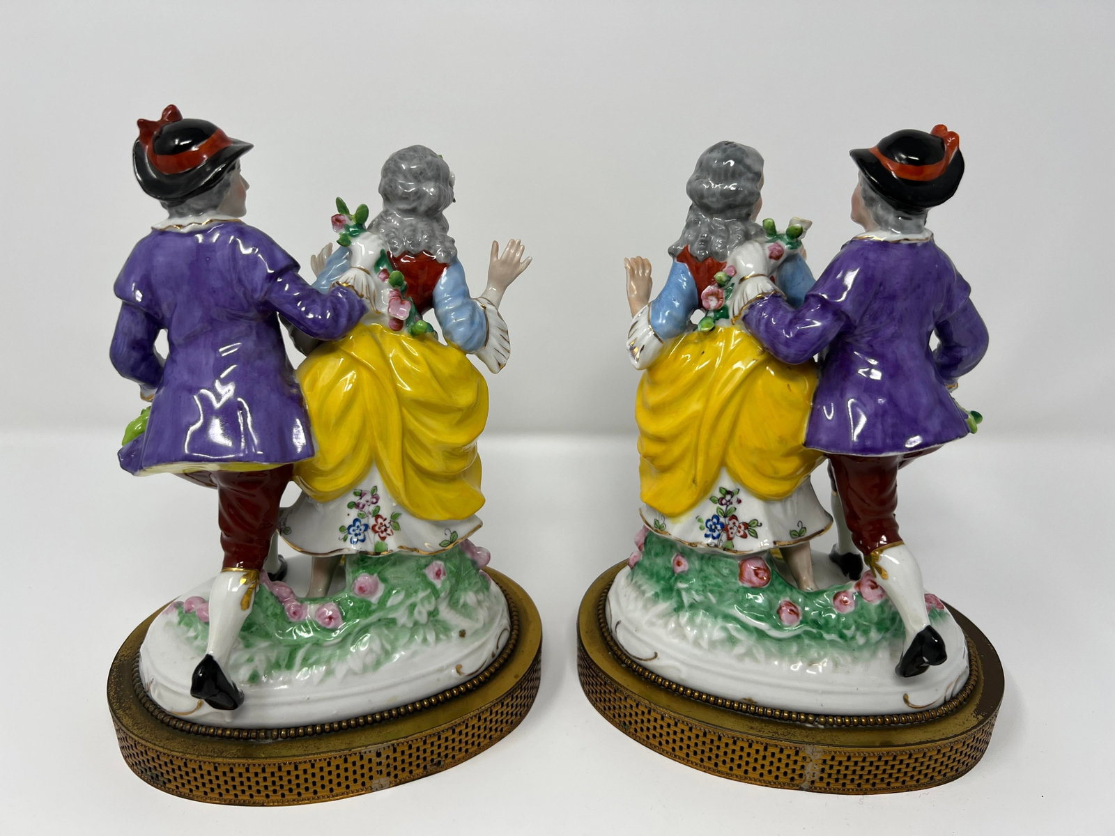 Pair of Dresden Style Porcelain Courting Couple Figurines on Pierced Metal Bases, Circa 1900 - 2