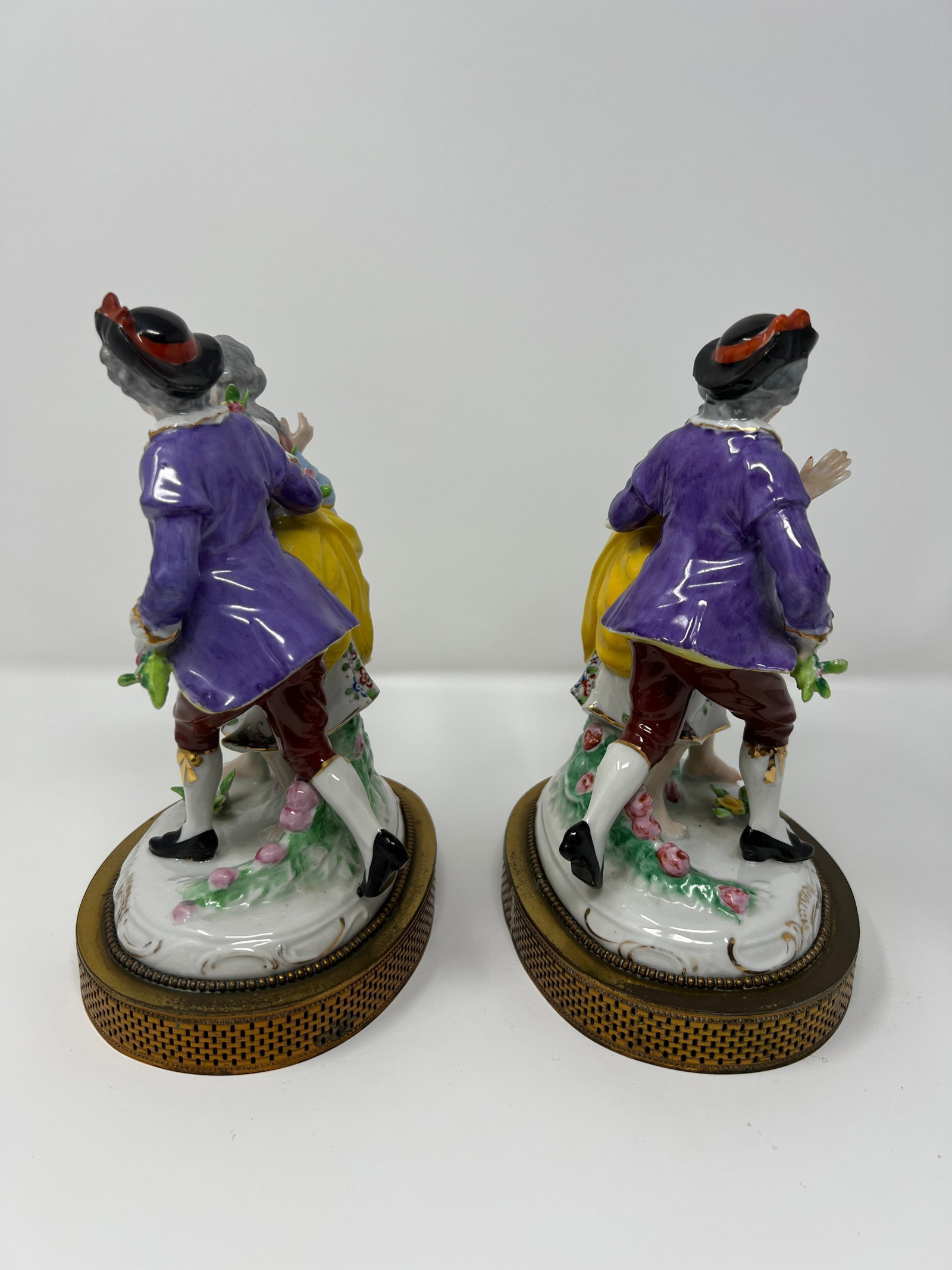 Pair of Dresden Style Porcelain Courting Couple Figurines on Pierced Metal Bases, Circa 1900 - 4