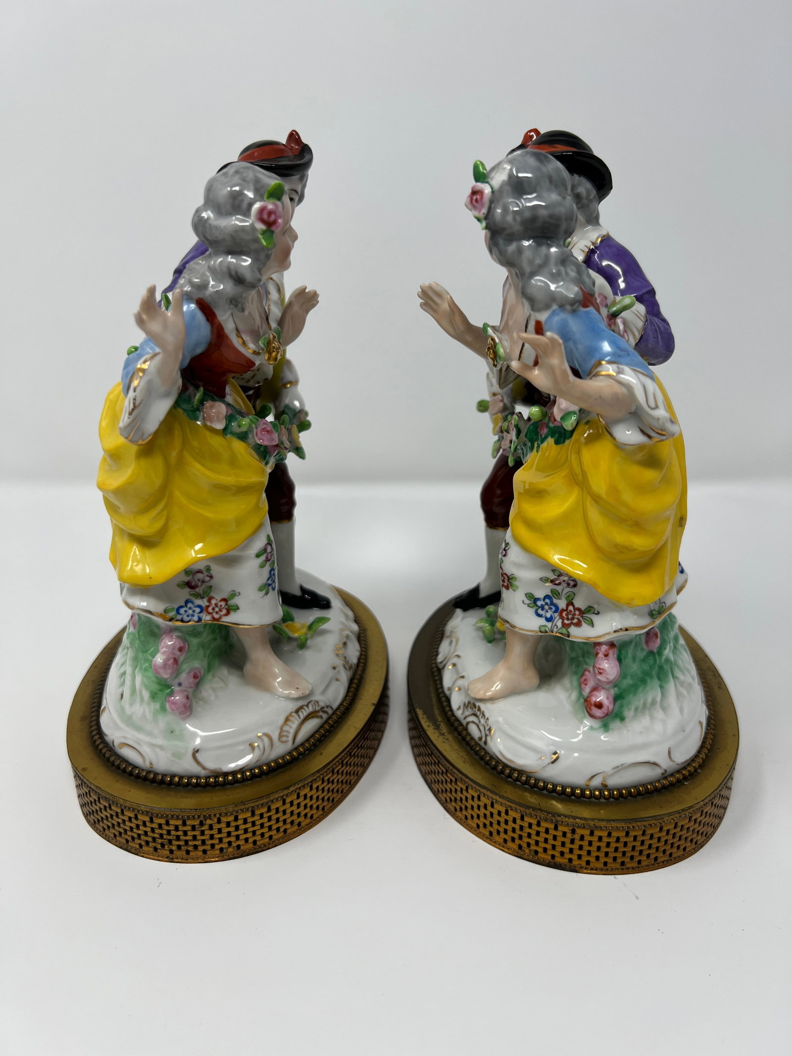 Pair of Dresden Style Porcelain Courting Couple Figurines on Pierced Metal Bases, Circa 1900 - 5