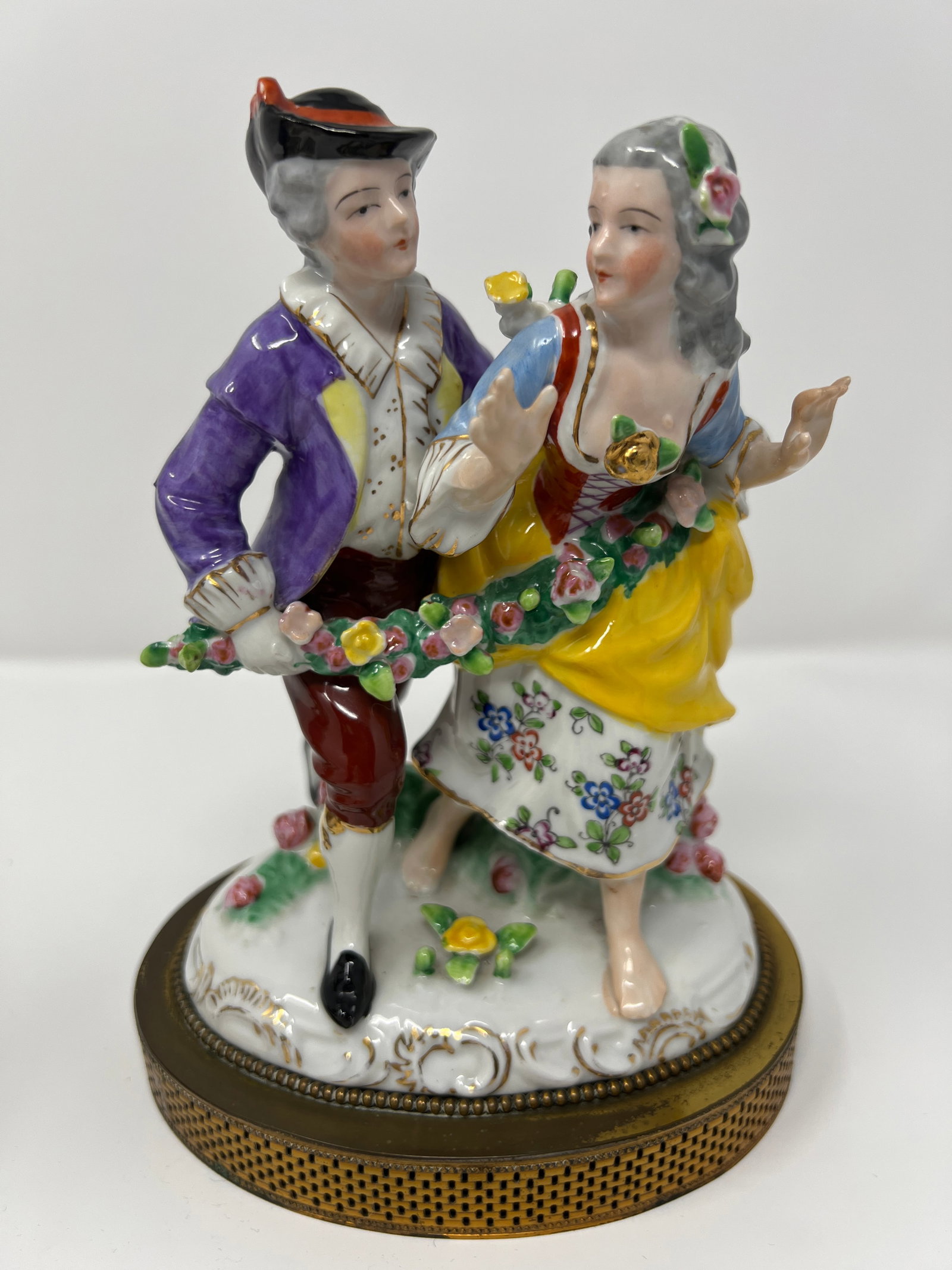 Pair of Dresden Style Porcelain Courting Couple Figurines on Pierced Metal Bases, Circa 1900 - 9