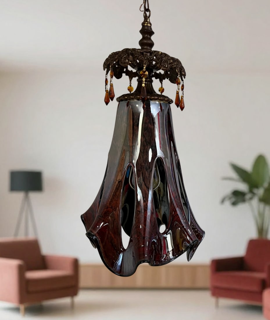 Art Glass Reddish Brown Fazzoletto Stretched Loop Shade Pendant Light - 10