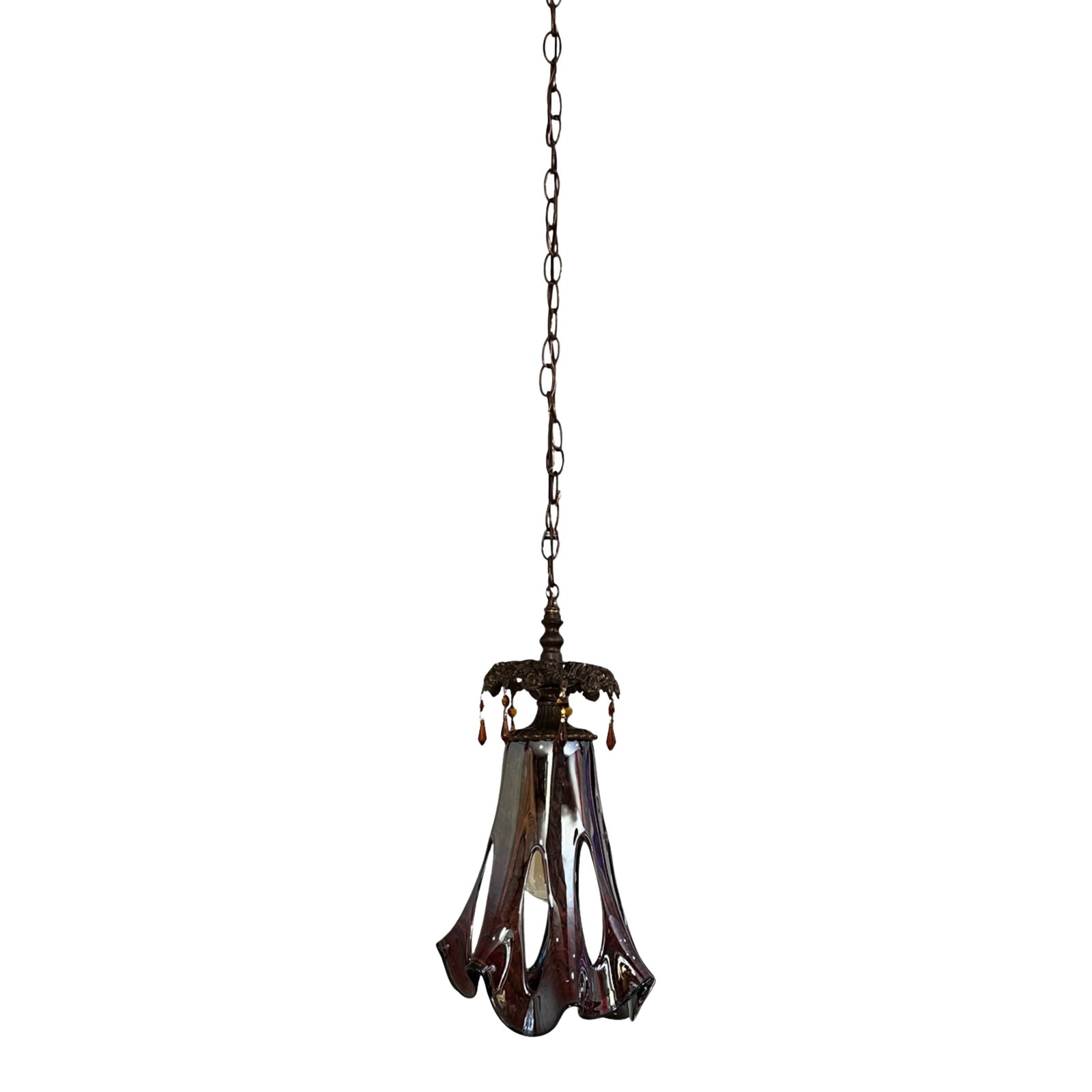 Art Glass Reddish Brown Fazzoletto Stretched Loop Shade Pendant Light: This striking pendant features a handblown glass shade crafted in Poland using the fazzoletto technique, known for its fluid, asymmetric form and flared, ruffled silhouette. Distinctive stretched loop