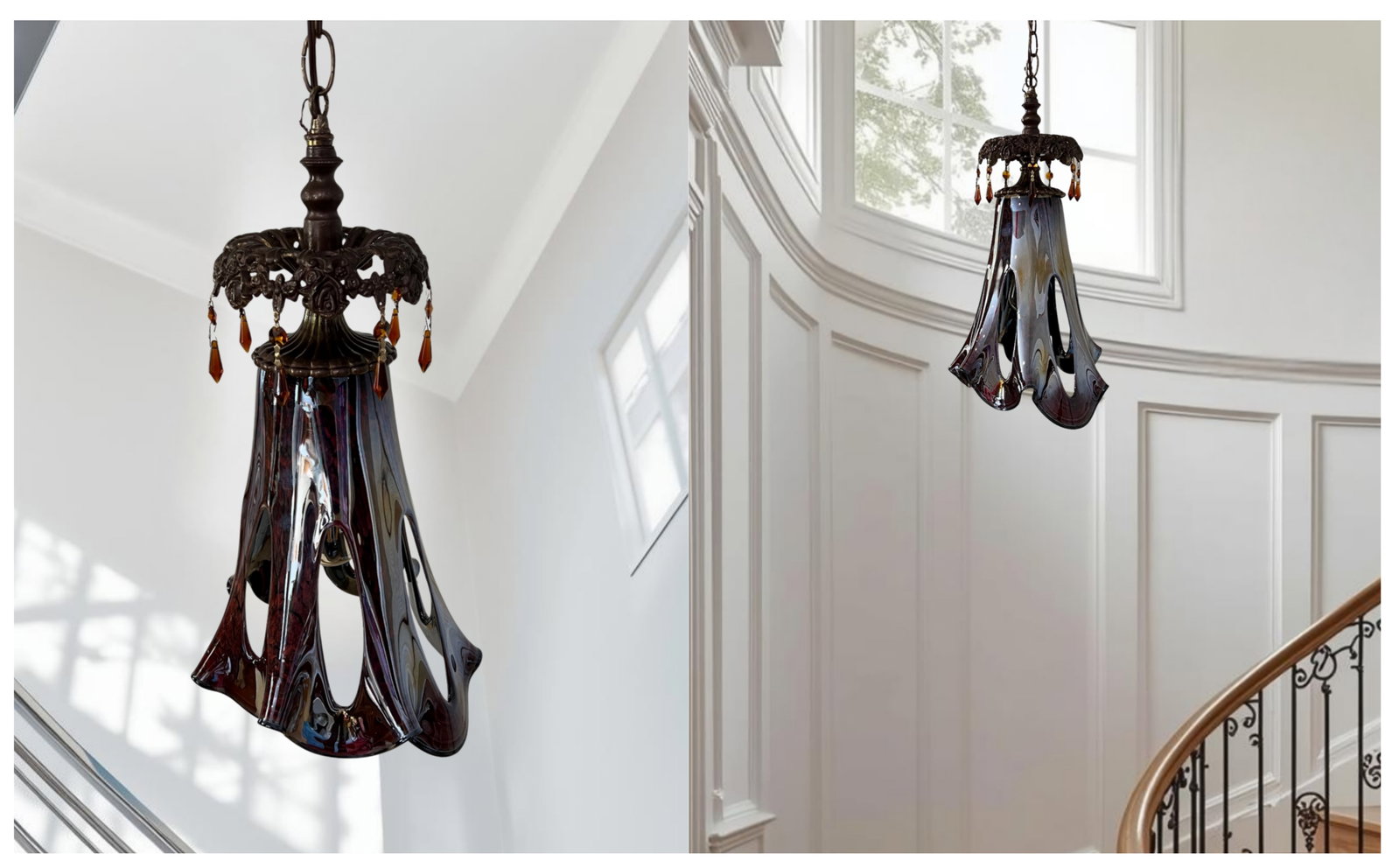 Art Glass Reddish Brown Fazzoletto Stretched Loop Shade Pendant Light - 2