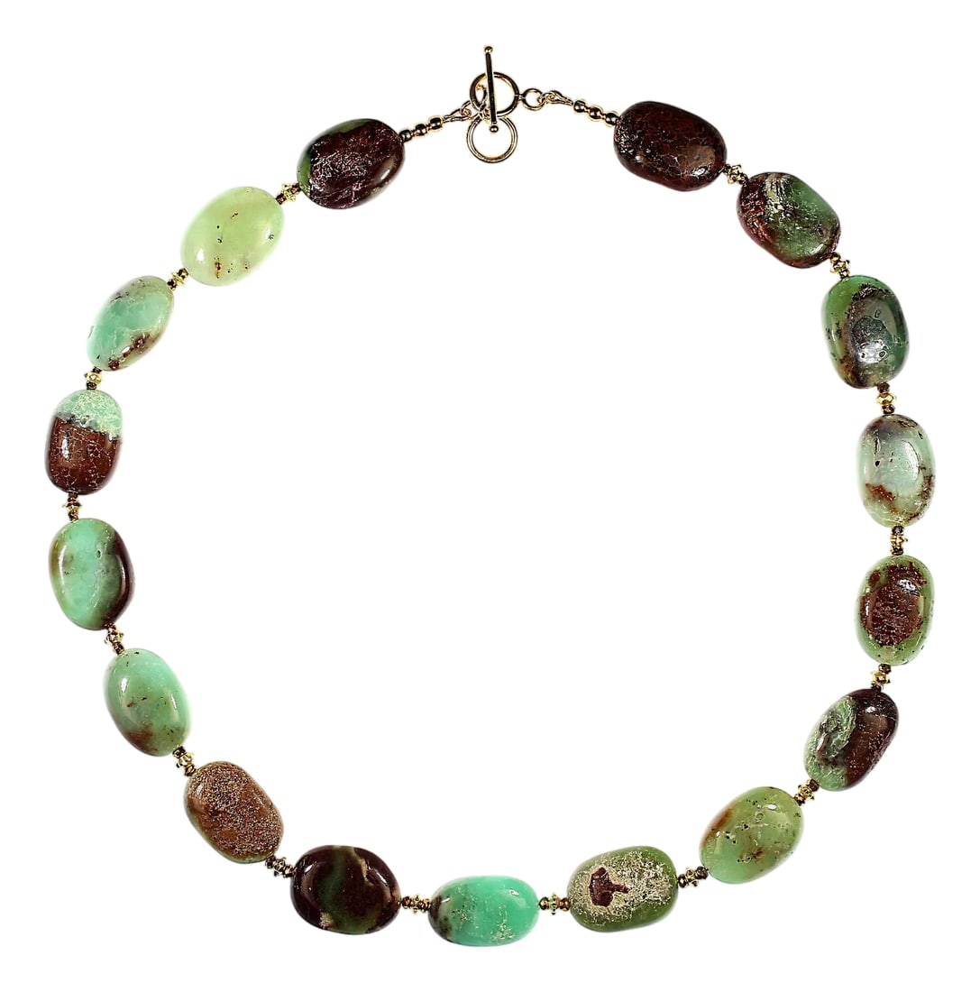 Ajd 19-Inch Chrysophrase Smooth Oval Tablet Necklace: These elegant 19"‘inch chrysoprase tablets showcase a smooth, polished oval shape measuring approximately 15x22mm, offering a luxurious feel and a striking presence. Each stone displays the