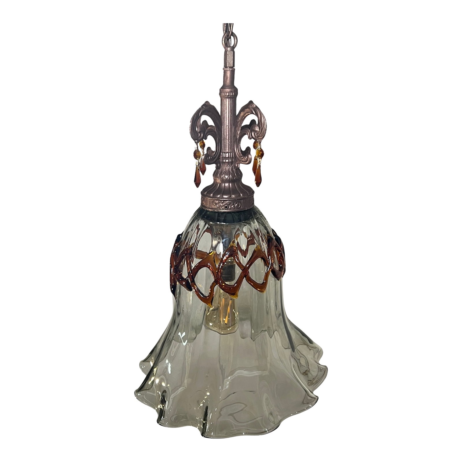 Art Glass Fazzolletto Transparent Amber Lattice Pendant Light: This Art Glass Fazzolletto Transparent Amber Lattice Pendant Light offers a striking yet refined design, seamlessly blending modern sensibilities with classic touches to suit both transitional and