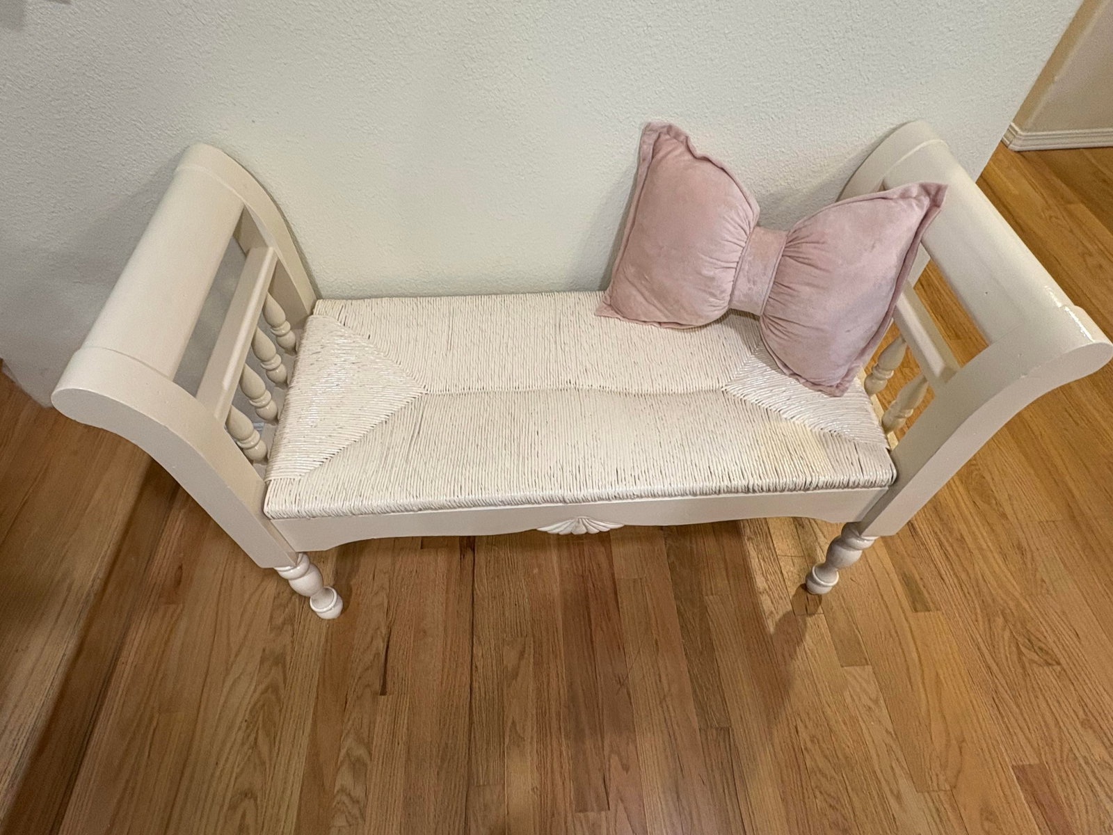 Vintage French Farmhouse Rush Weave Jute Tailored Bench - 2