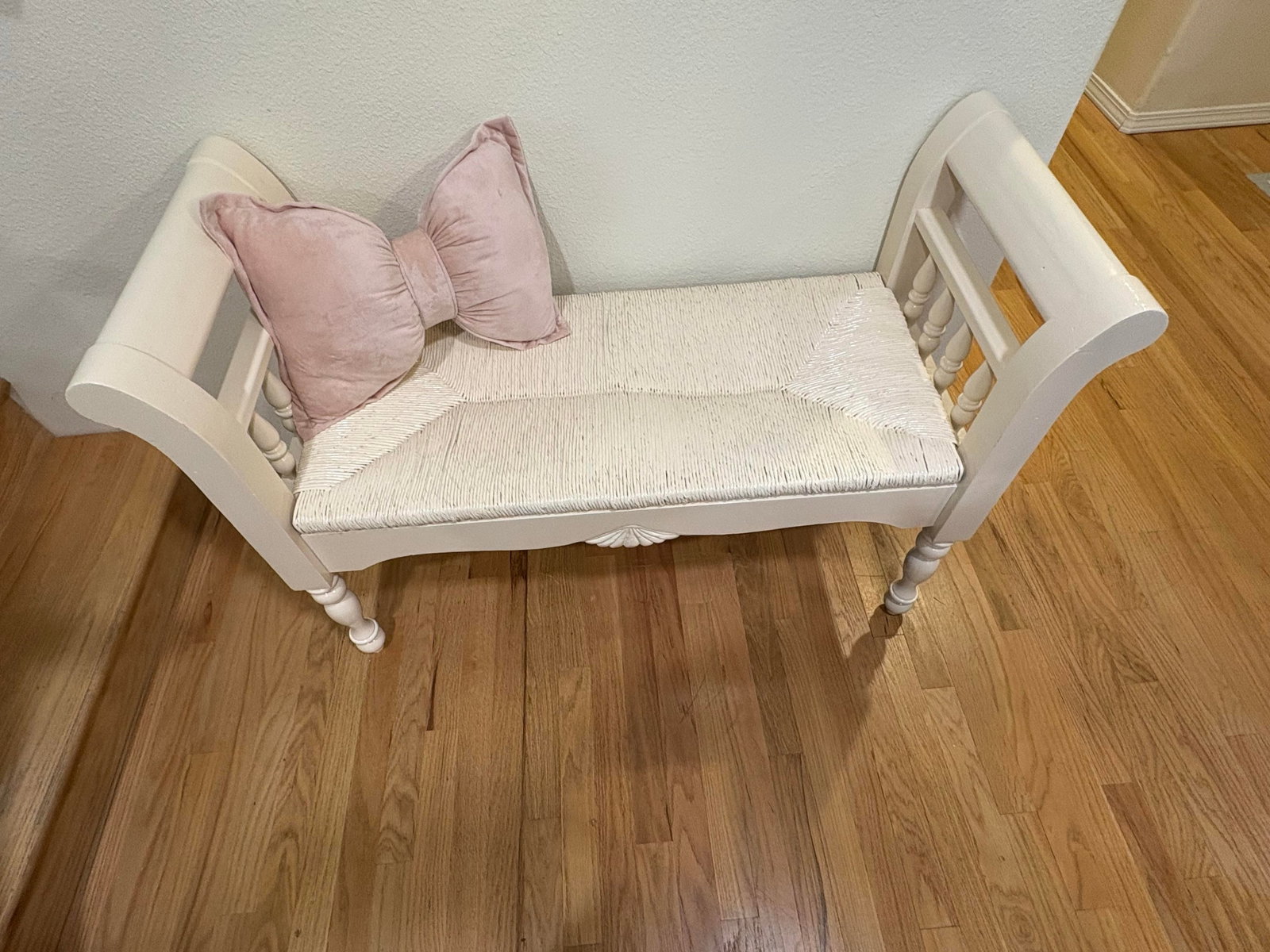 Vintage French Farmhouse Rush Weave Jute Tailored Bench - 3