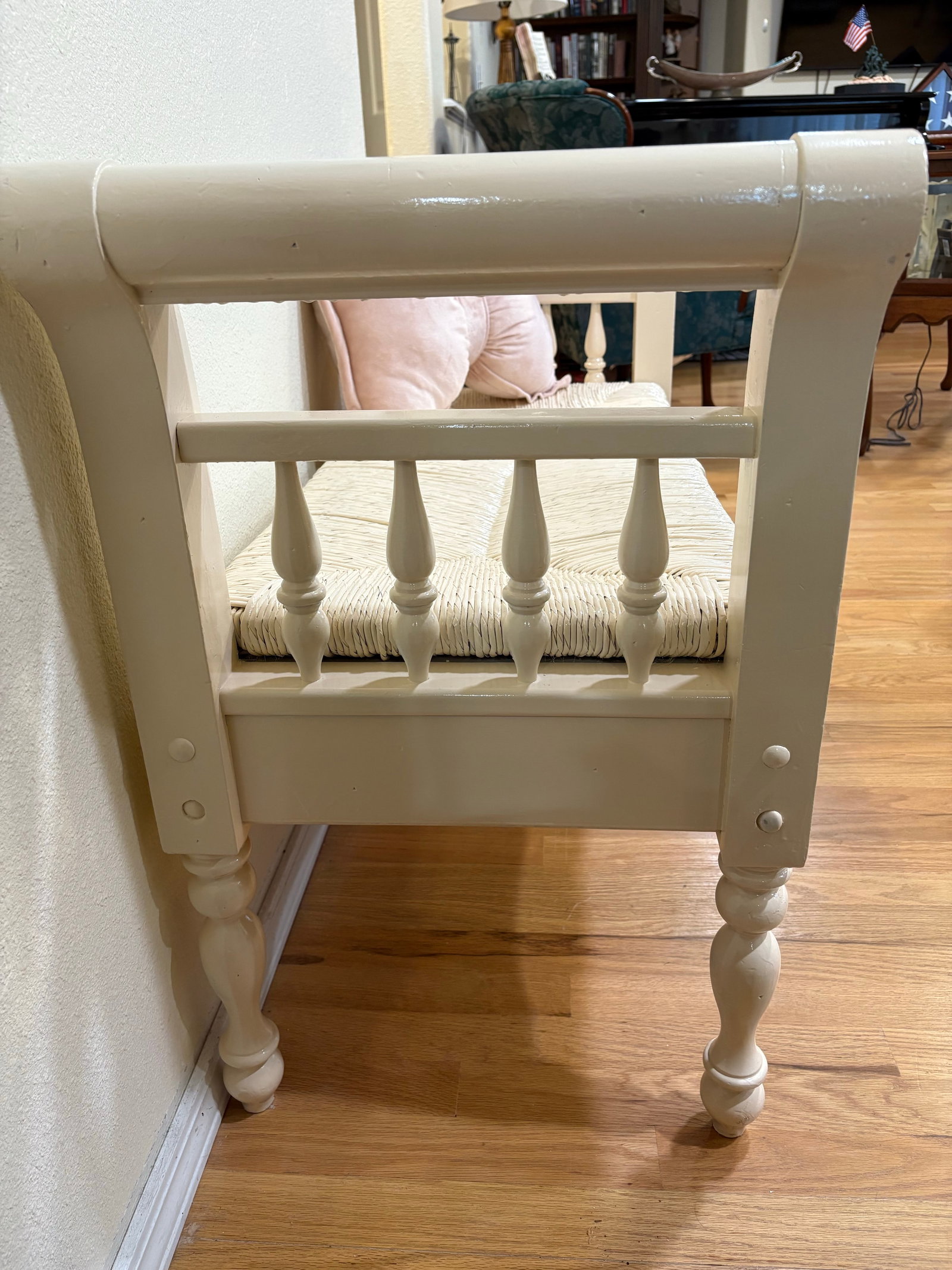 Vintage French Farmhouse Rush Weave Jute Tailored Bench - 4