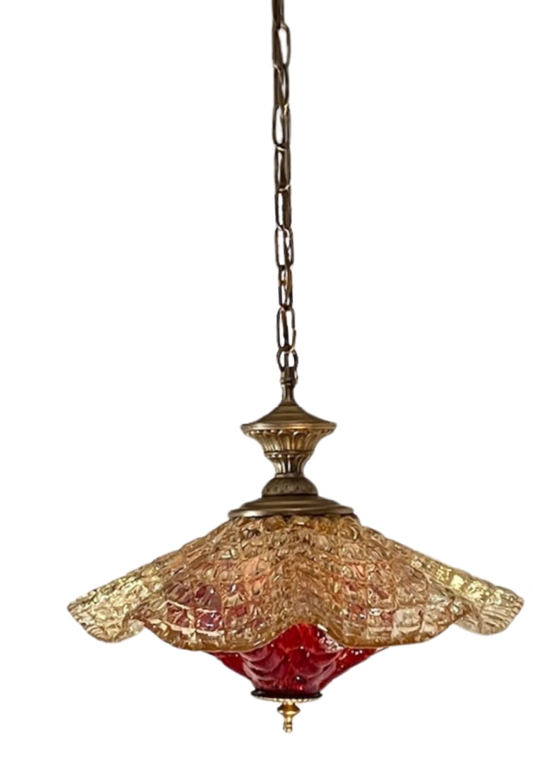 Vintage Murano Fazzoletto Art Glass "Fiore Di Fuoco" Amber Red Pendant Light - 17
