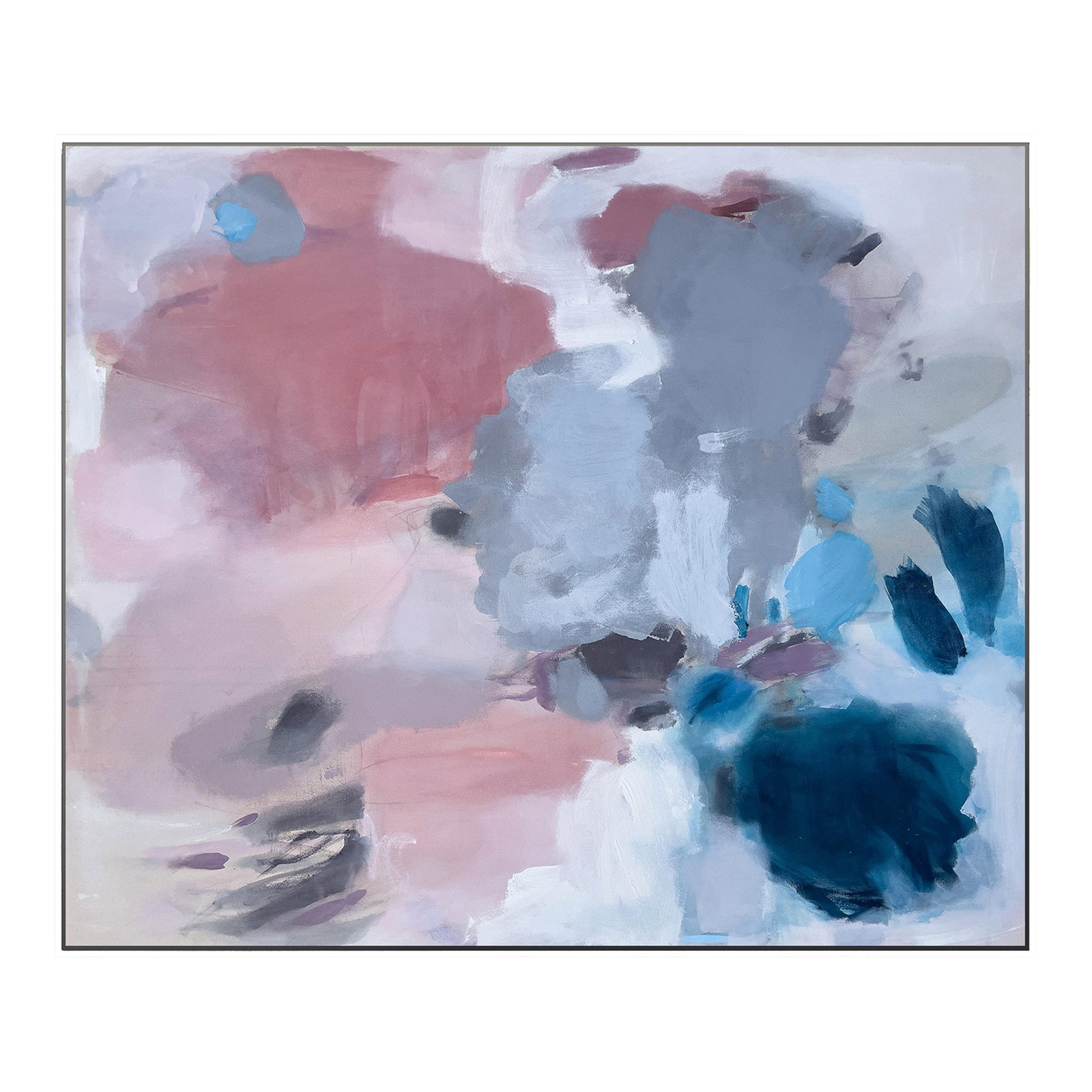 Half-Past Six Large Lyrical Abstraction Painting in Blush, Slate Blue & Deep Teal by Stacey Warnix: A luminous study in contrast and gestural color application, this large-scale original abstract painting by Stacey Warnix balances soft blush expanses with atmospheric slate blues and a commanding