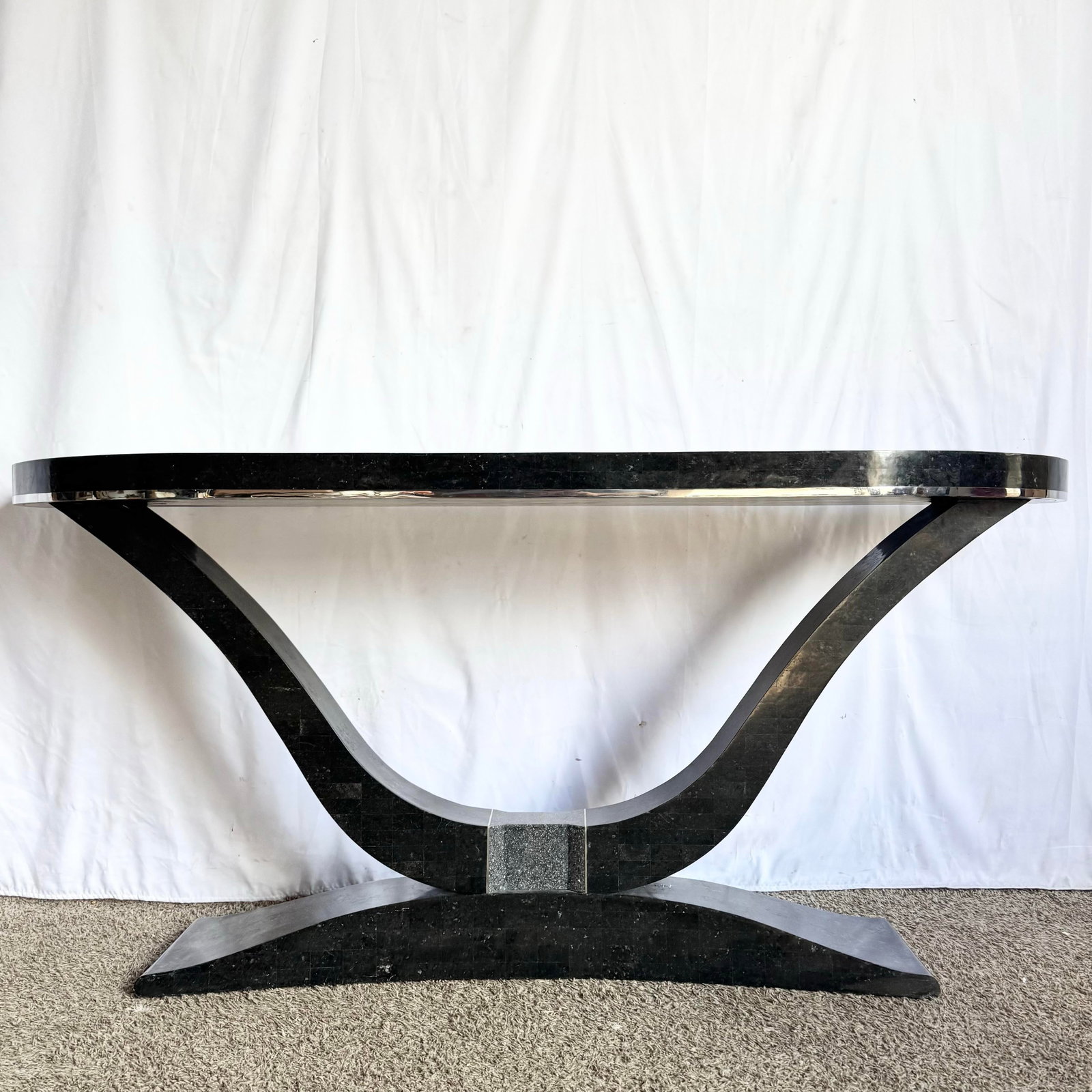 Art Deco Sculptural Black Tessellated Stone a Console Table With Chrome Inlay - 2