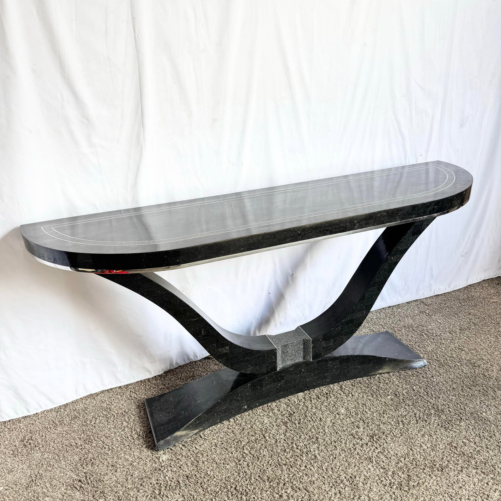 Art Deco Sculptural Black Tessellated Stone a Console Table With Chrome Inlay - 5