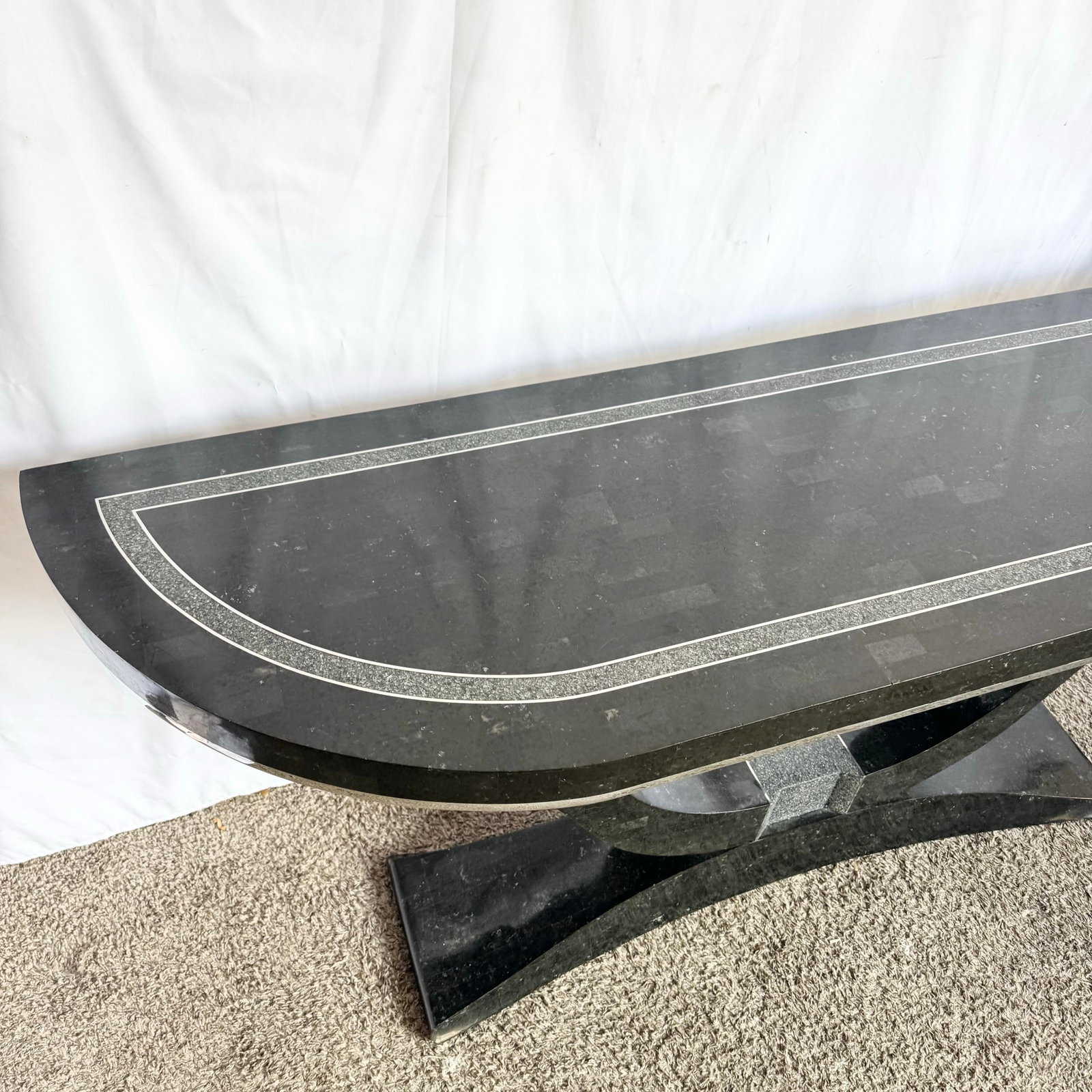 Art Deco Sculptural Black Tessellated Stone a Console Table With Chrome Inlay - 8