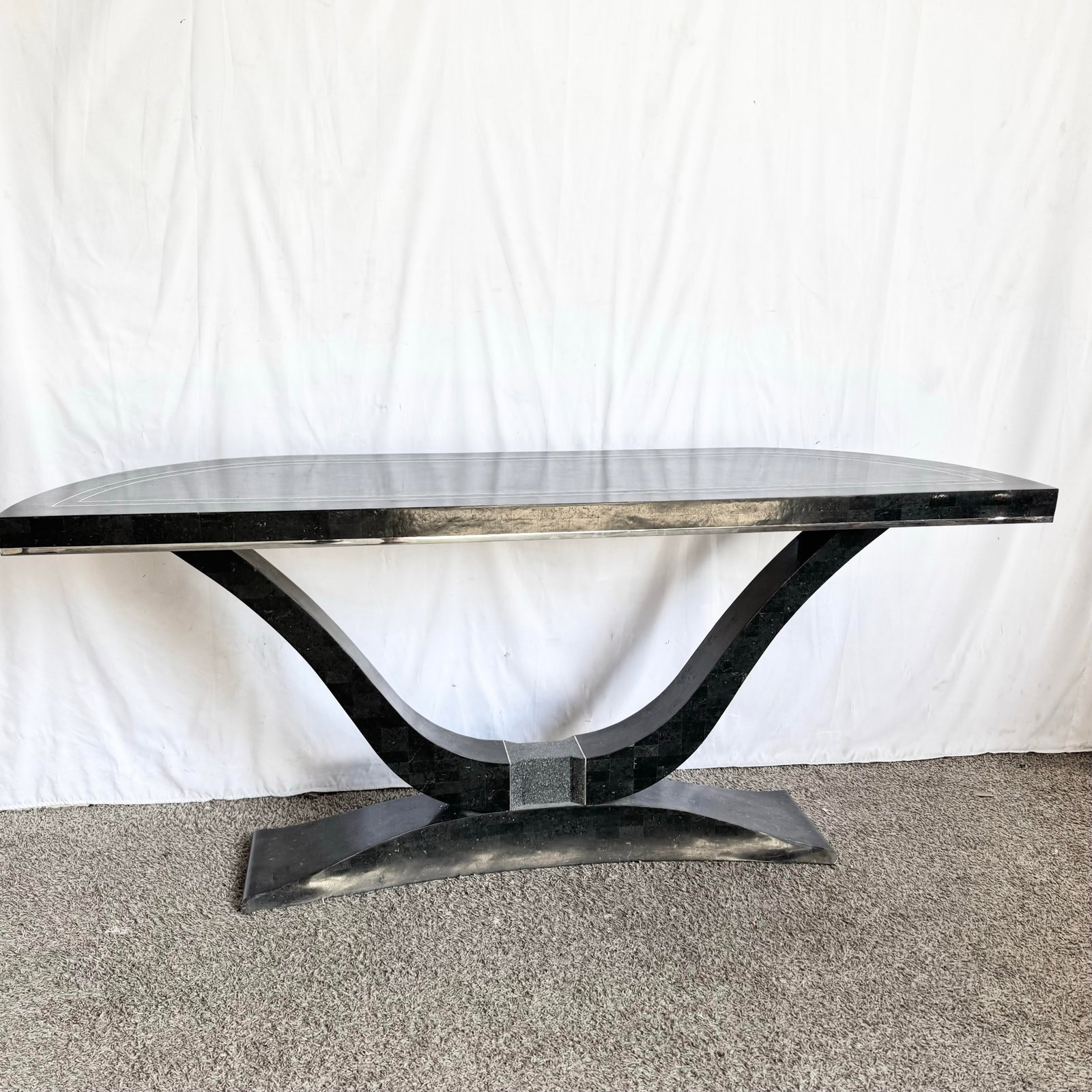 Art Deco Sculptural Black Tessellated Stone a Console Table With Chrome Inlay - 9