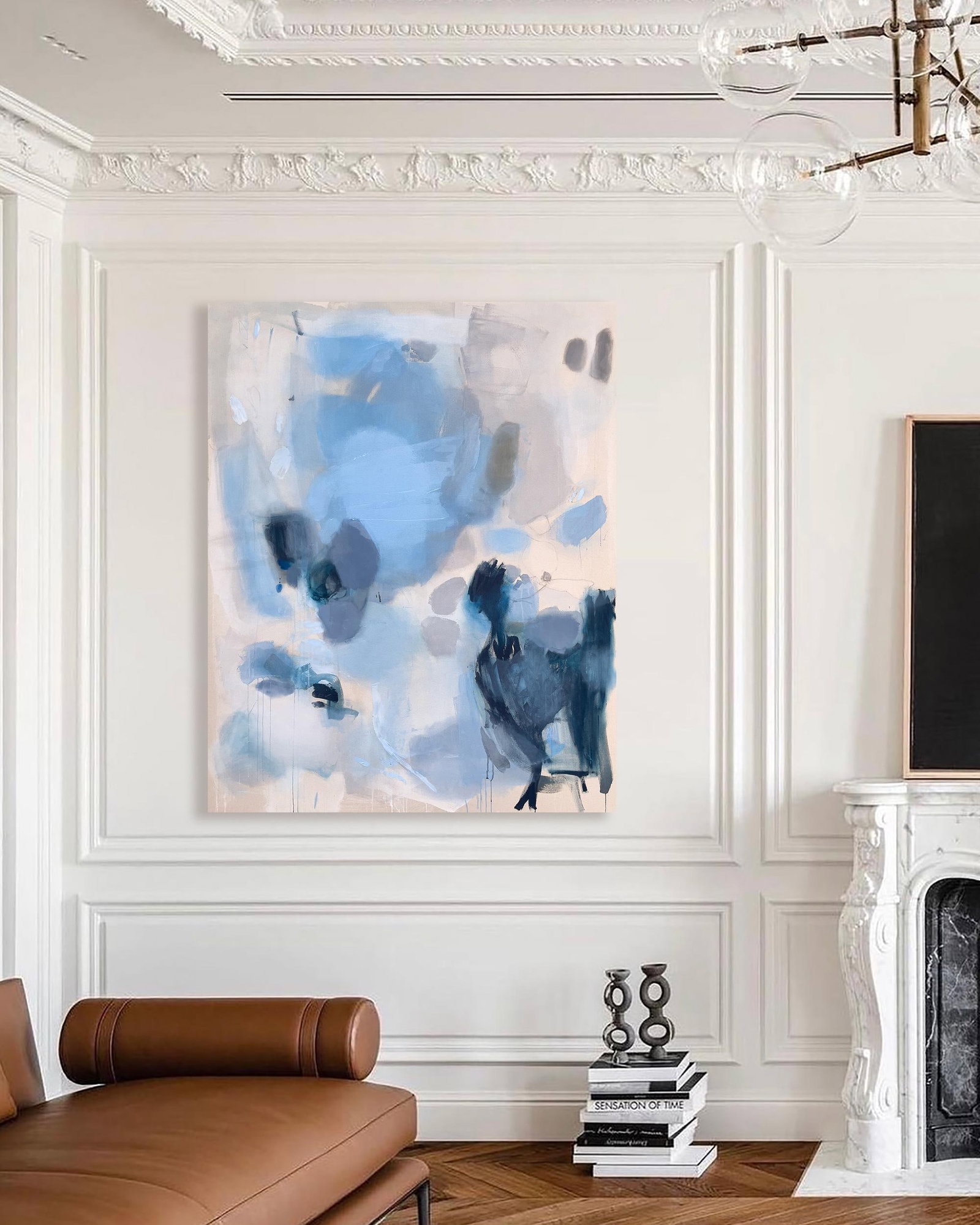 Echoes Along the Waterline Large Contemporary Blue Abstract Painting in Cerulean, Slate and Navy b - 2