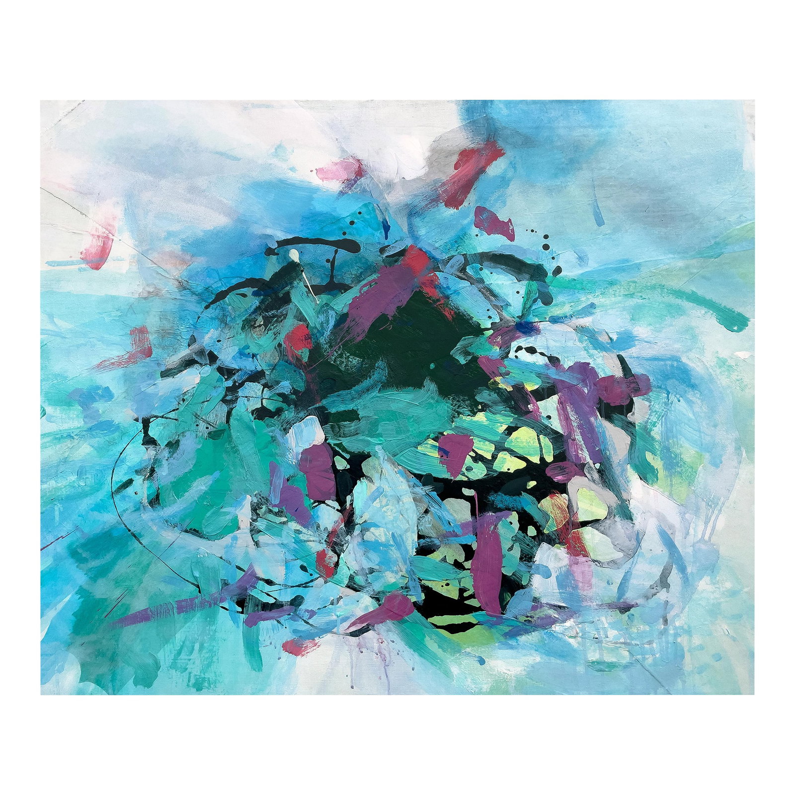 Beach Days Large Coastal Modern Statement Painting in Aqua and Teal With Magenta Accents: Make a bold, sophisticated statement with this large-scale contemporary abstract painting, featuring layered washes of aqua, teal, and turquoise energized by expressive magenta and deep charcoal