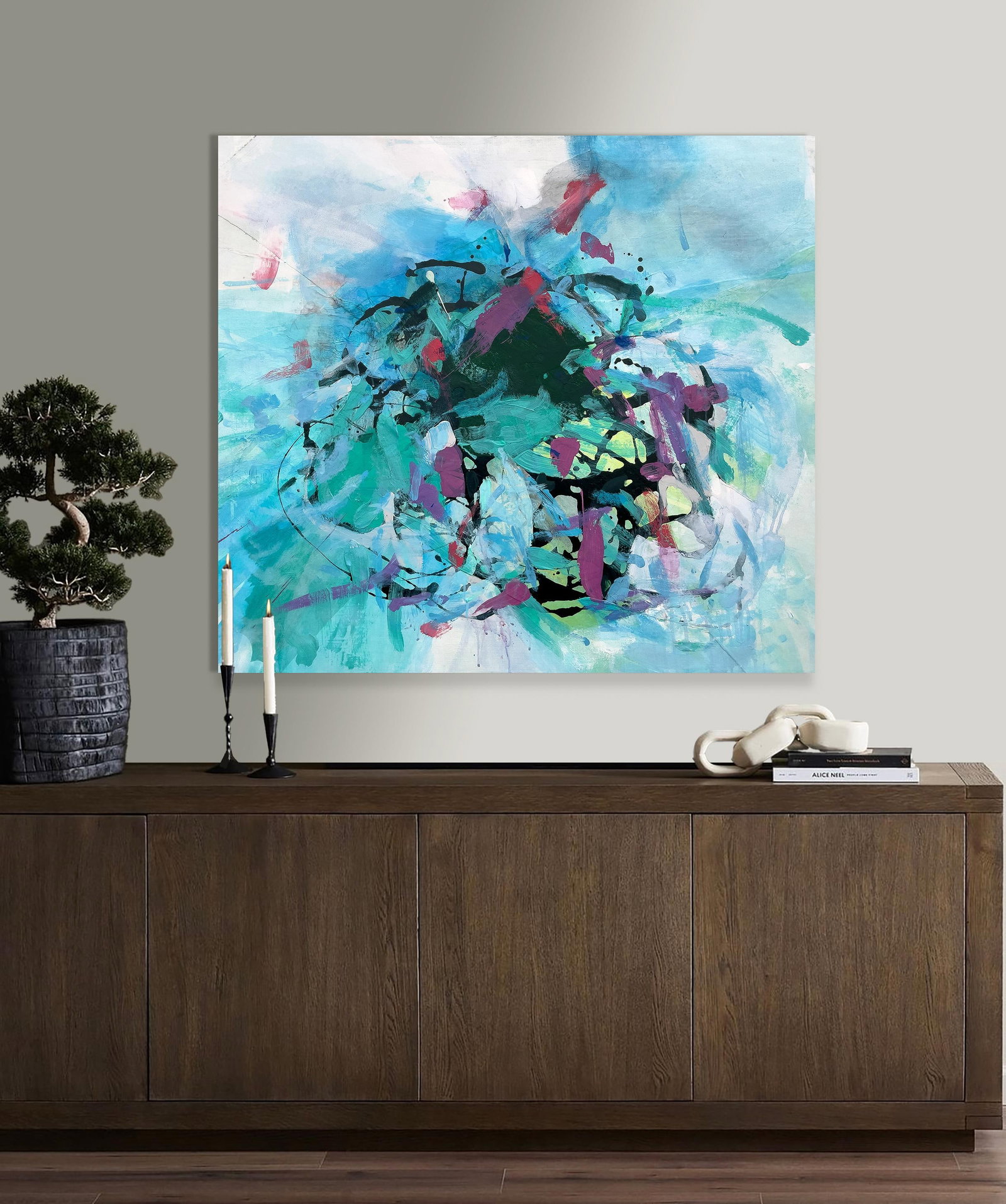 Beach Days Large Coastal Modern Statement Painting in Aqua and Teal With Magenta Accents - 2