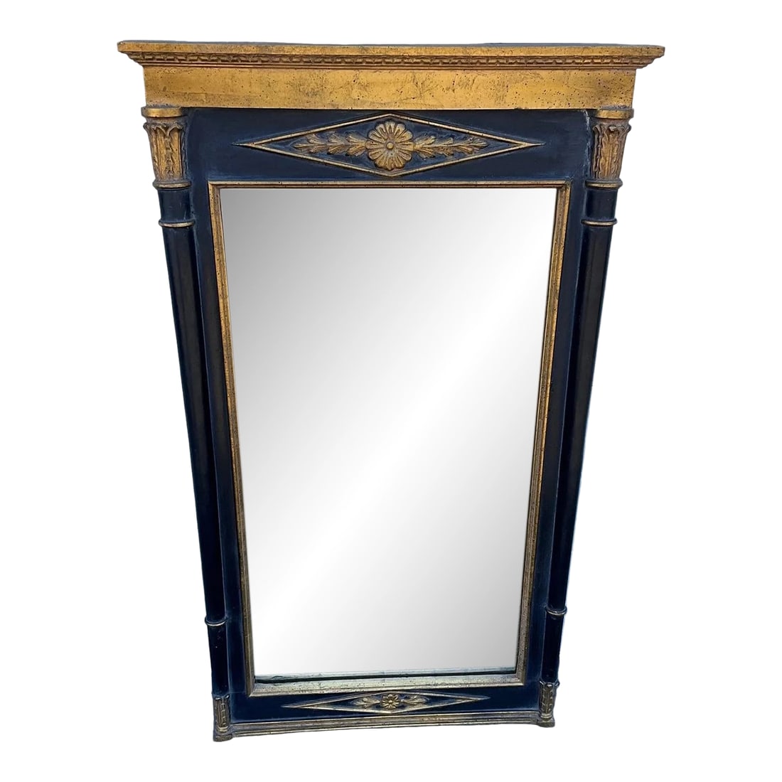 Large Vintage Neoclassical-Style Trumeau Wall Mirror: Large Vintage Neoclassical-style trumeau wall mirror features a black ebonized finish with gilded wood accents and a classical panel decoration at the top. Notes: In overall good used condition.