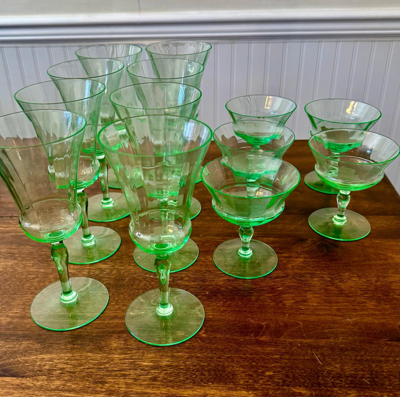 Early 20th Century Uranium Vaseline Glass Cambodia Stemware by Utility Glass Works - Set of 13 - 10
