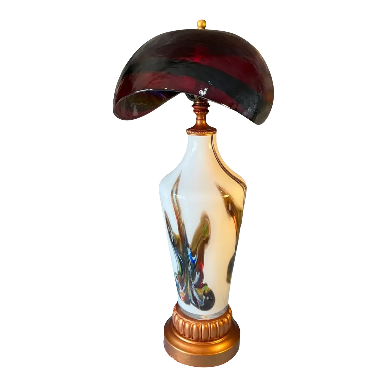 Murano Oval Art Glass Wine Colored Mushroom Abstract Table Lamp: Vintage table lamp measuring 16.5ÊºW × 10.25ÊºD × 24ÊºH, featuring a wide, mushroom-form shade crafted from Murano art glass. The shade displays a rich ruby