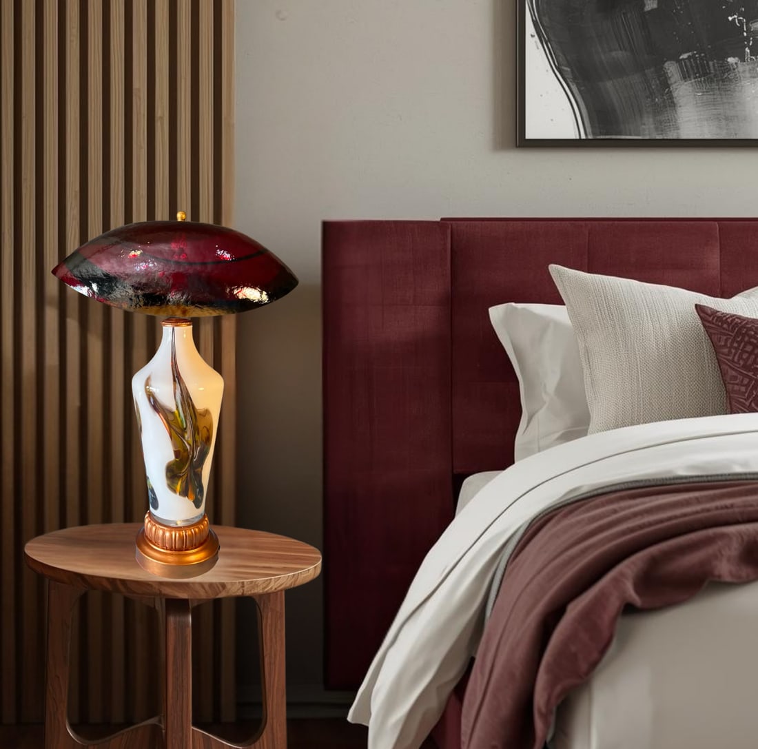Murano Oval Art Glass Wine Colored Mushroom Abstract Table Lamp - 2