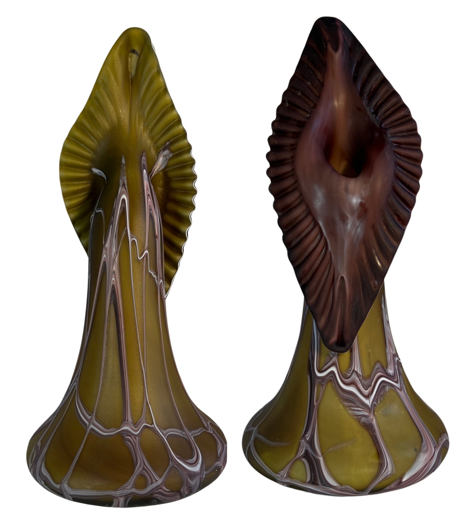 Vintage Essie Zareh Baijan Abstract Jack in the Pulpit Green & Brown Art Glass Vase - 3