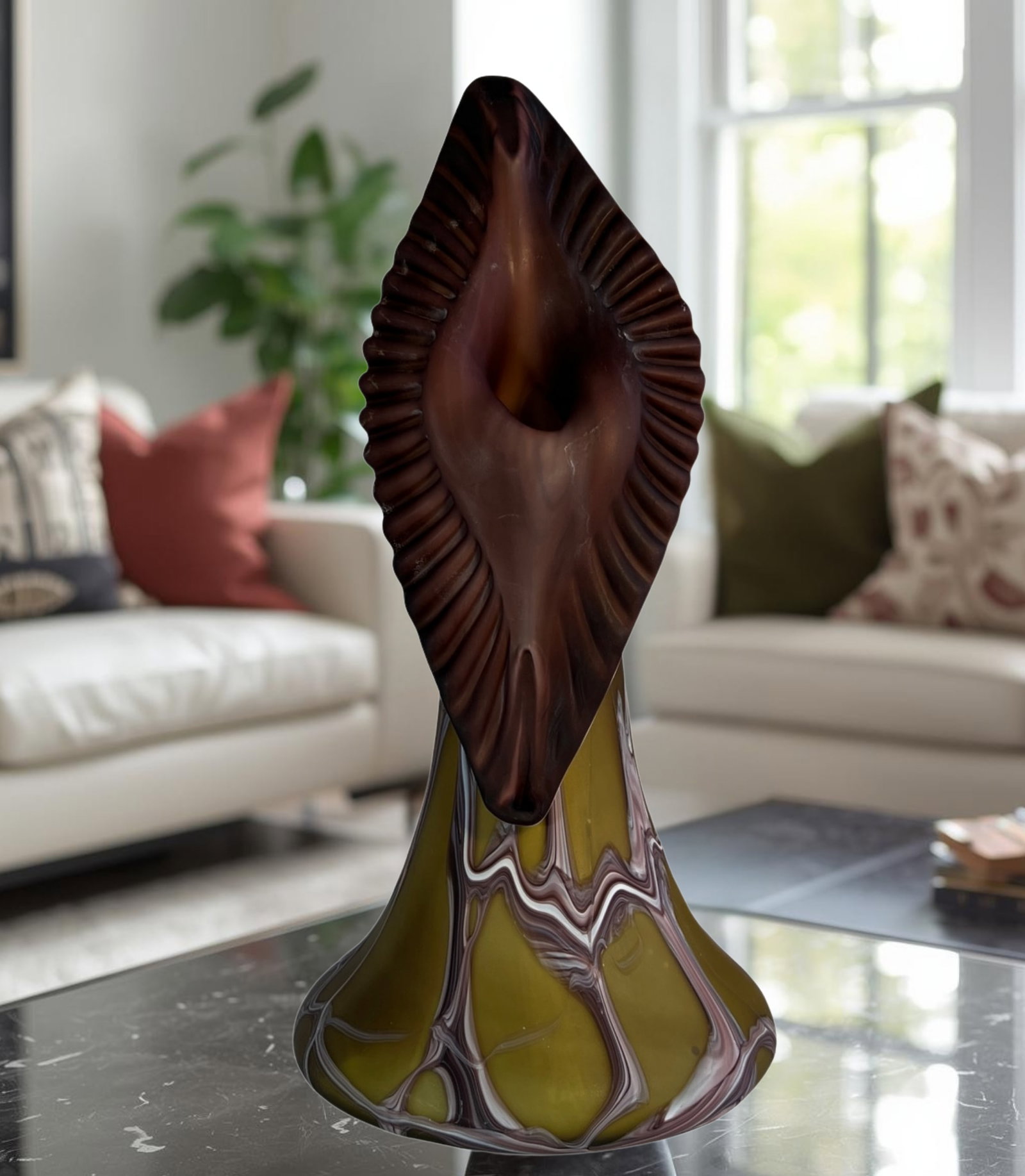 Vintage Essie Zareh Baijan Abstract Jack in the Pulpit Green & Brown Art Glass Vase - 4