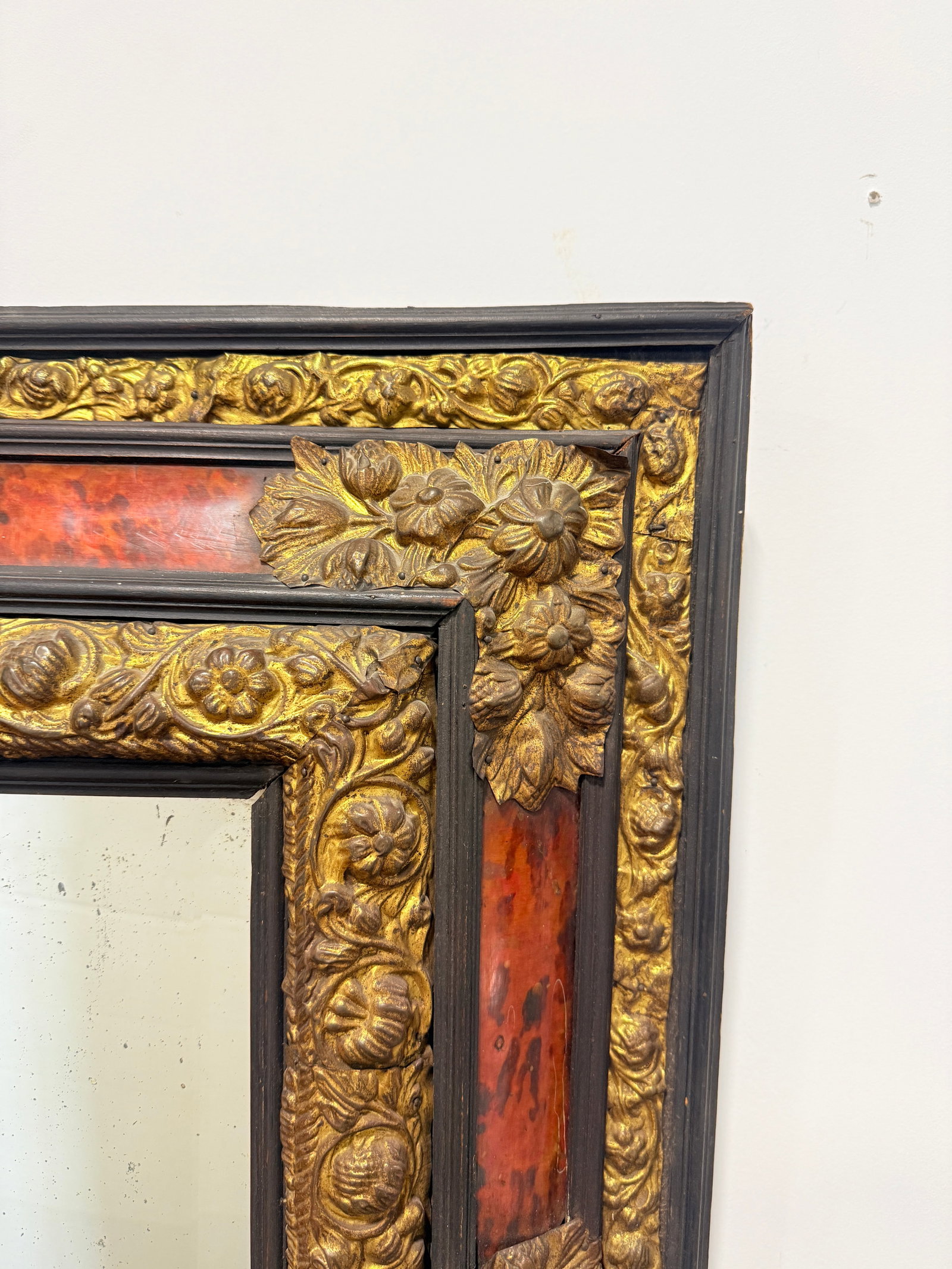 Napoleon III Period, Embossed Brass and Faux Tortoiseshell Ebonized Mirror - 3