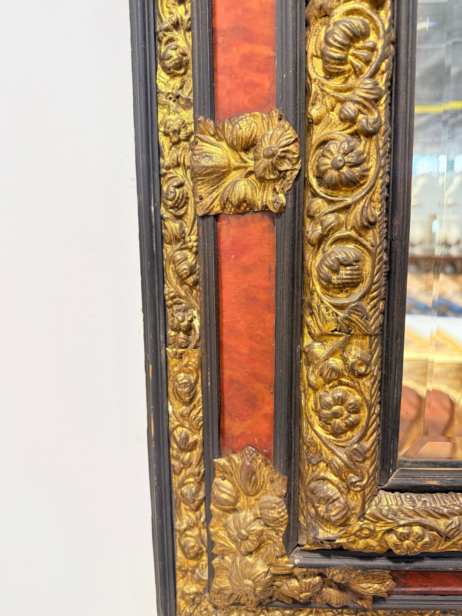Napoleon III Period, Embossed Brass and Faux Tortoiseshell Ebonized Mirror - 4