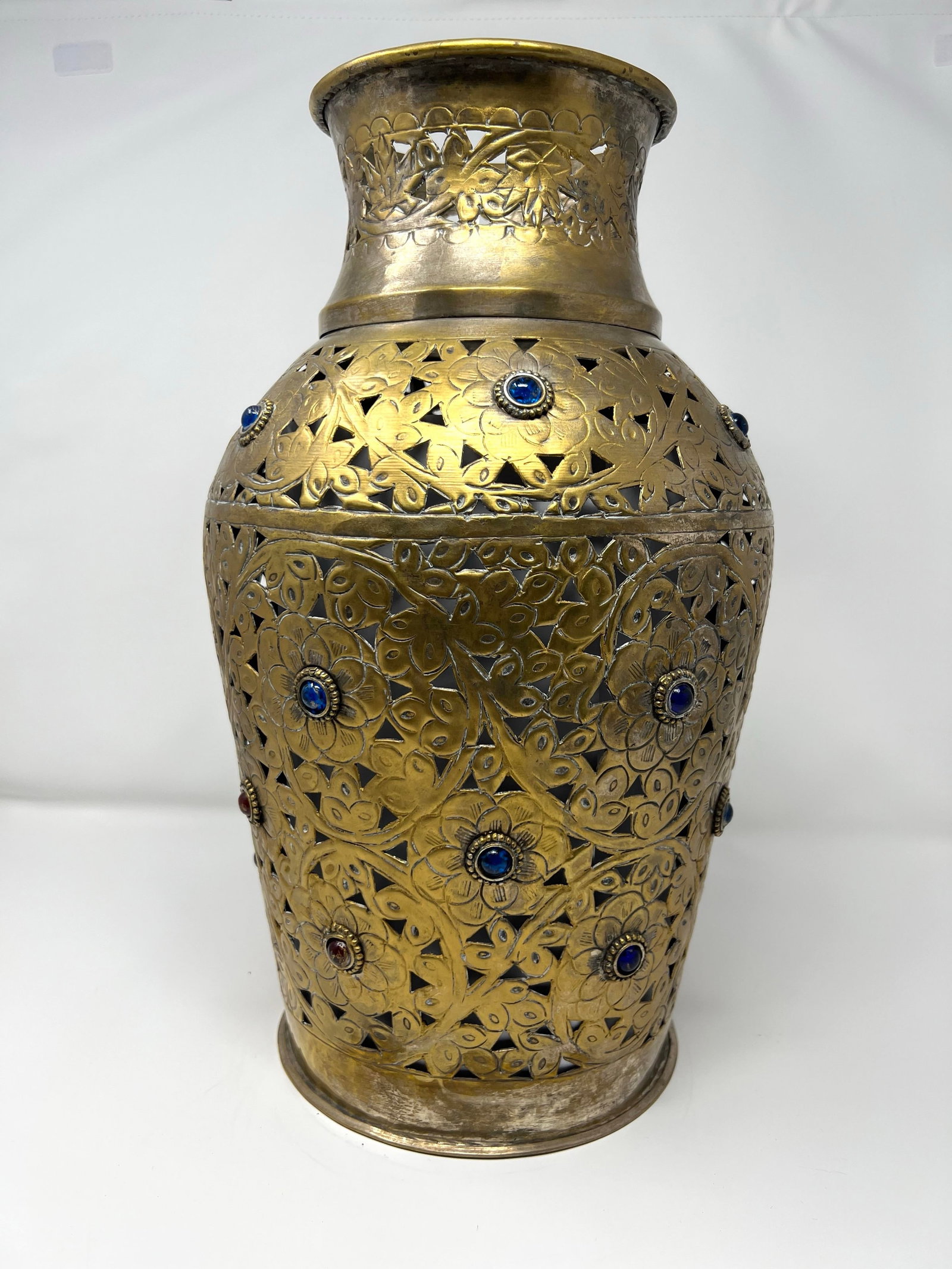 Vintage Indian Pierced Brass Lantern Vase W/ Colored Glass Cabochons – Moorish Boho Decor - 2