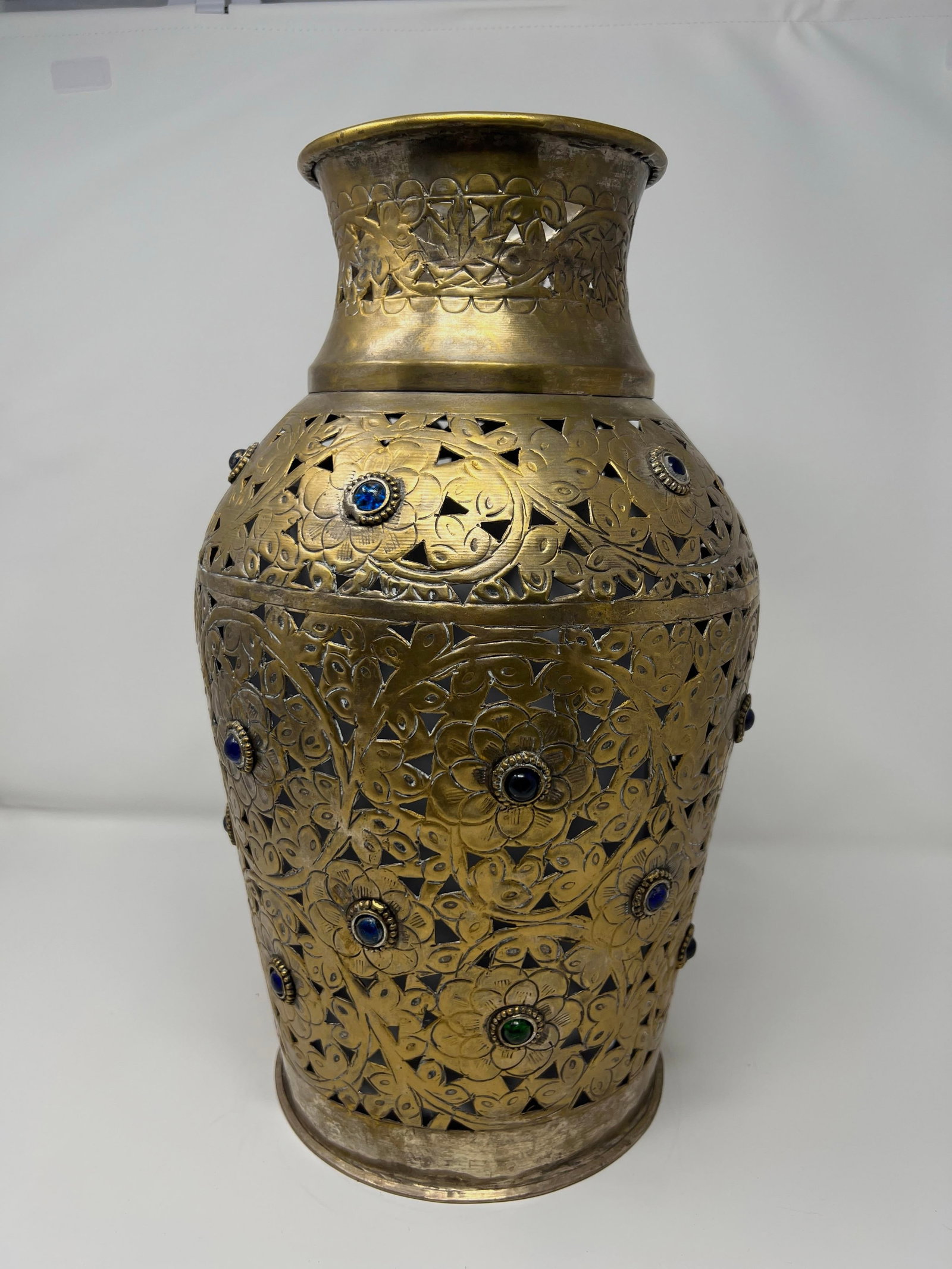 Vintage Indian Pierced Brass Lantern Vase W/ Colored Glass Cabochons – Moorish Boho Decor - 3