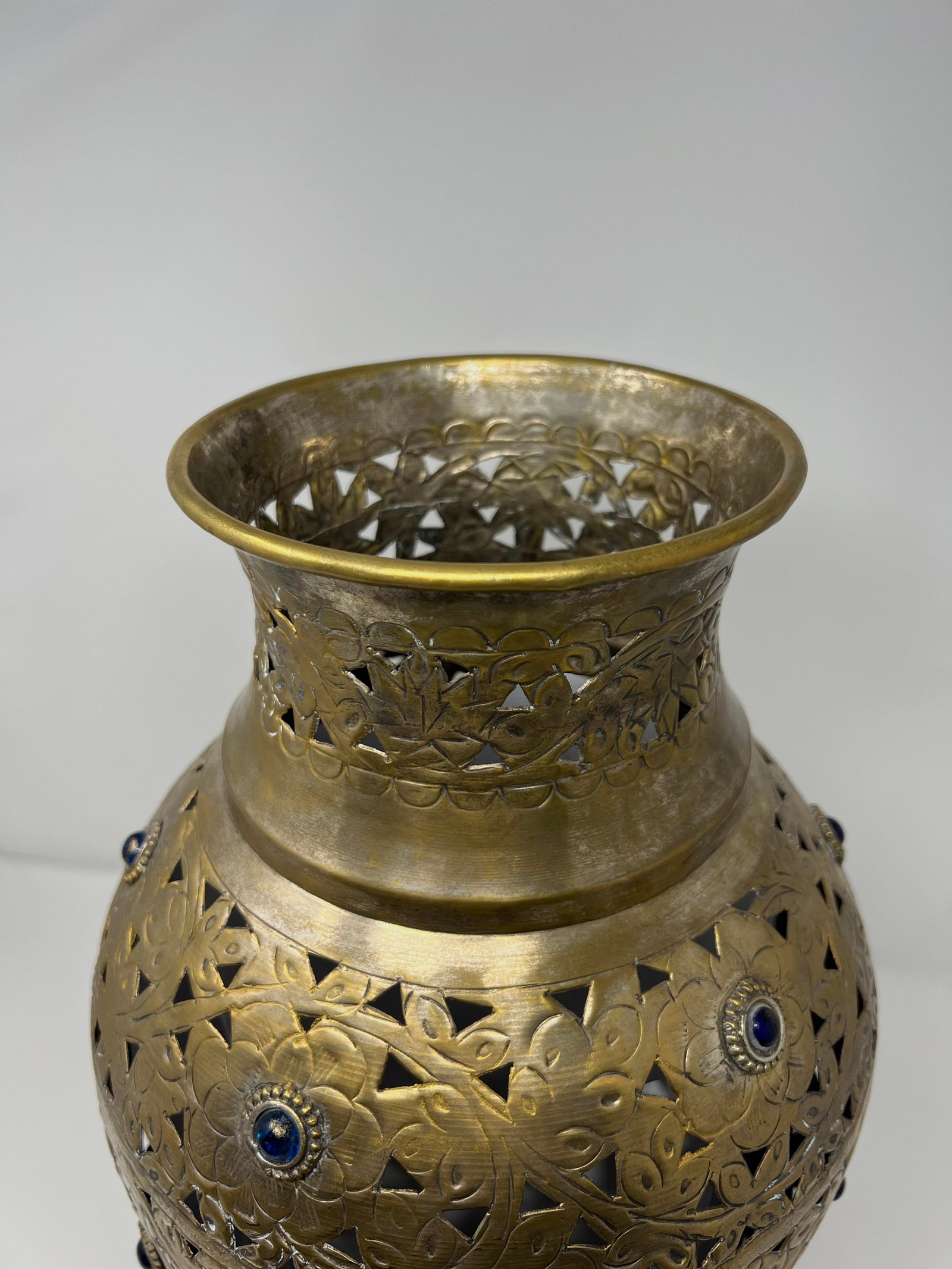 Vintage Indian Pierced Brass Lantern Vase W/ Colored Glass Cabochons – Moorish Boho Decor - 4