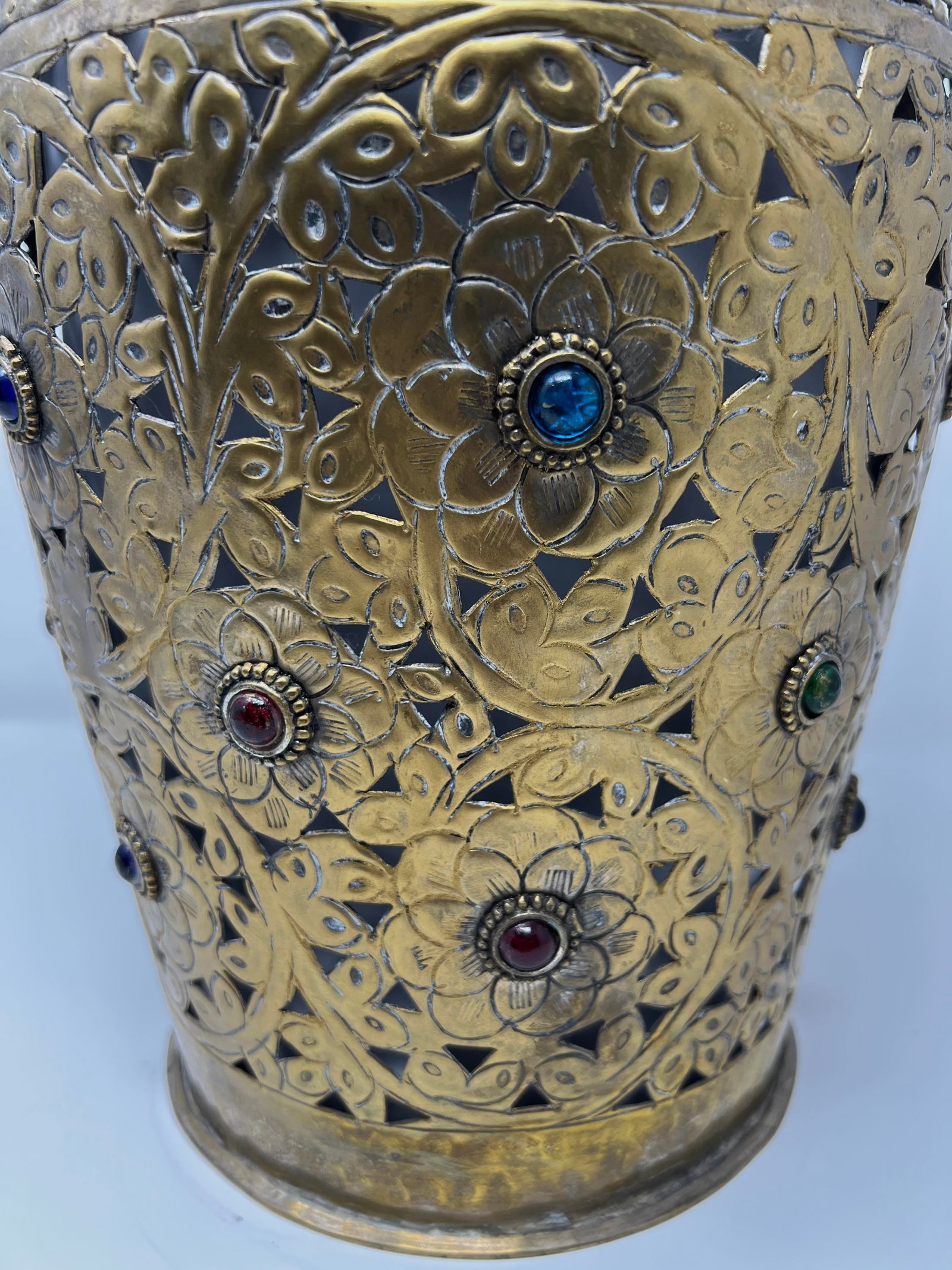 Vintage Indian Pierced Brass Lantern Vase W/ Colored Glass Cabochons – Moorish Boho Decor - 5