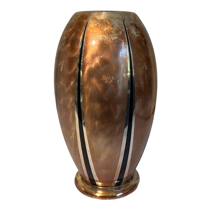 Vintage 1936 Art Deco Silverplate Vase by WMF Ikora - Germany: Vintage 1936 Art Deco Silverplate Vase by WMF Ikora - Germany Gorgeous streamlined Silverplate Vase marked "WMF IKORA - GERMANY." This features golden amber enameling with black enamel spires that