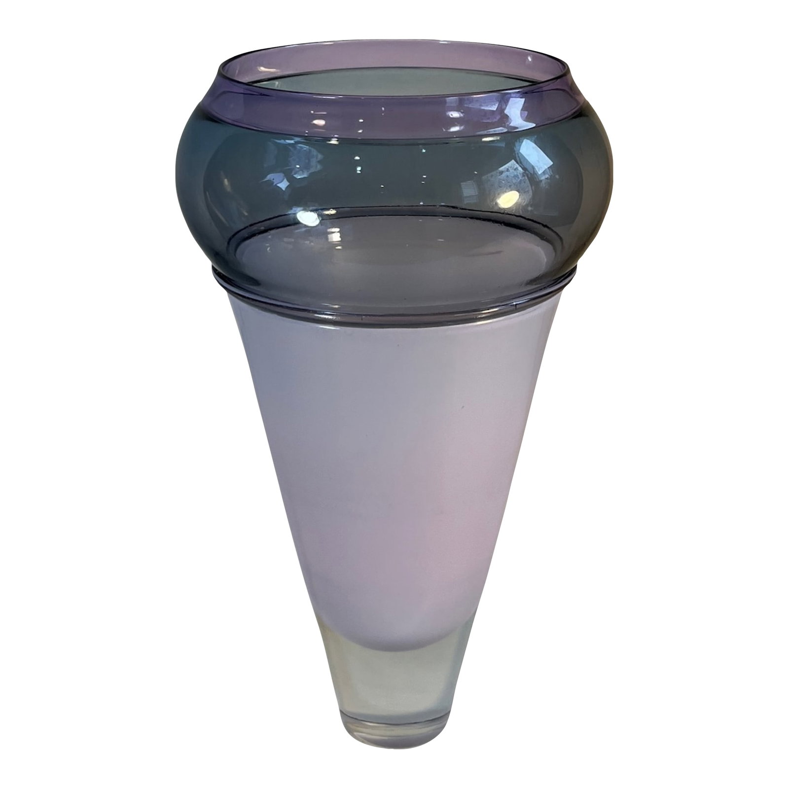 Art Glass Lavender Gray Cone Shaped Vase Brand & Greenberg 1986: This 12 3/4 inch tall, sculptural art glass vase hand blown by Alex Brand & Ann Greenberg in 1986, rising in an elegant, vertical cone shaped silhouette defined by two visually distinct layers of