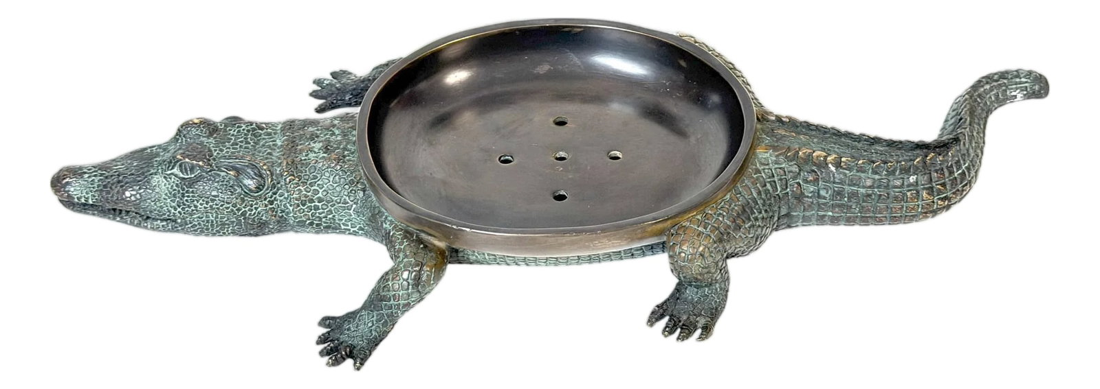 Large Cast & Patinated Bronze Alligator Soap Dish/ Vide-Poche: Large Cast & Patinated Bronze Alligator Soap Dish/Vide-Poche This large cast and patinated bronze alligator vide-poche is a sculptural decorative object that seamlessly blends functional design with