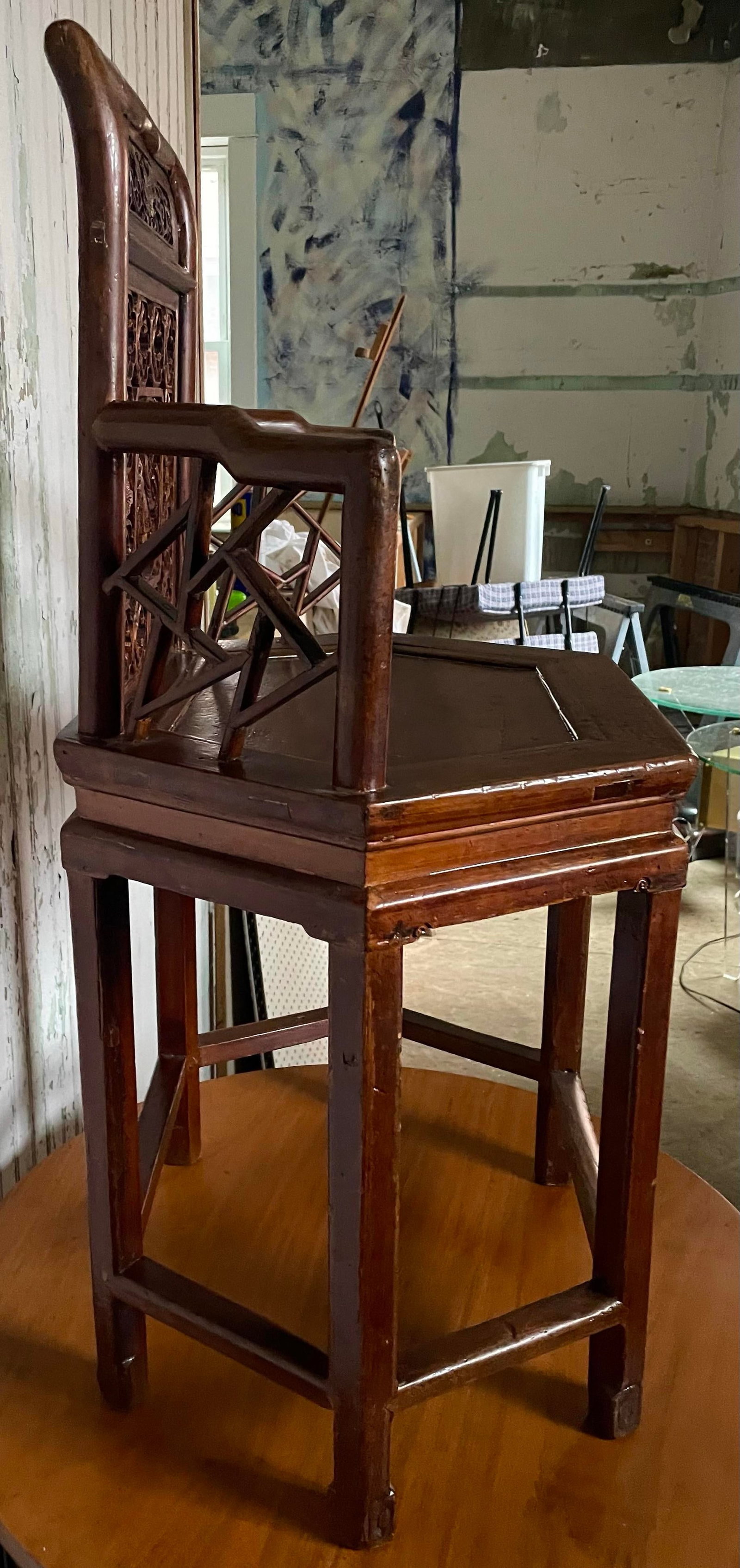 Antique Asian Chinese Style Carved Hexagonal Petit Delicate Small Chair W/Arms - 2