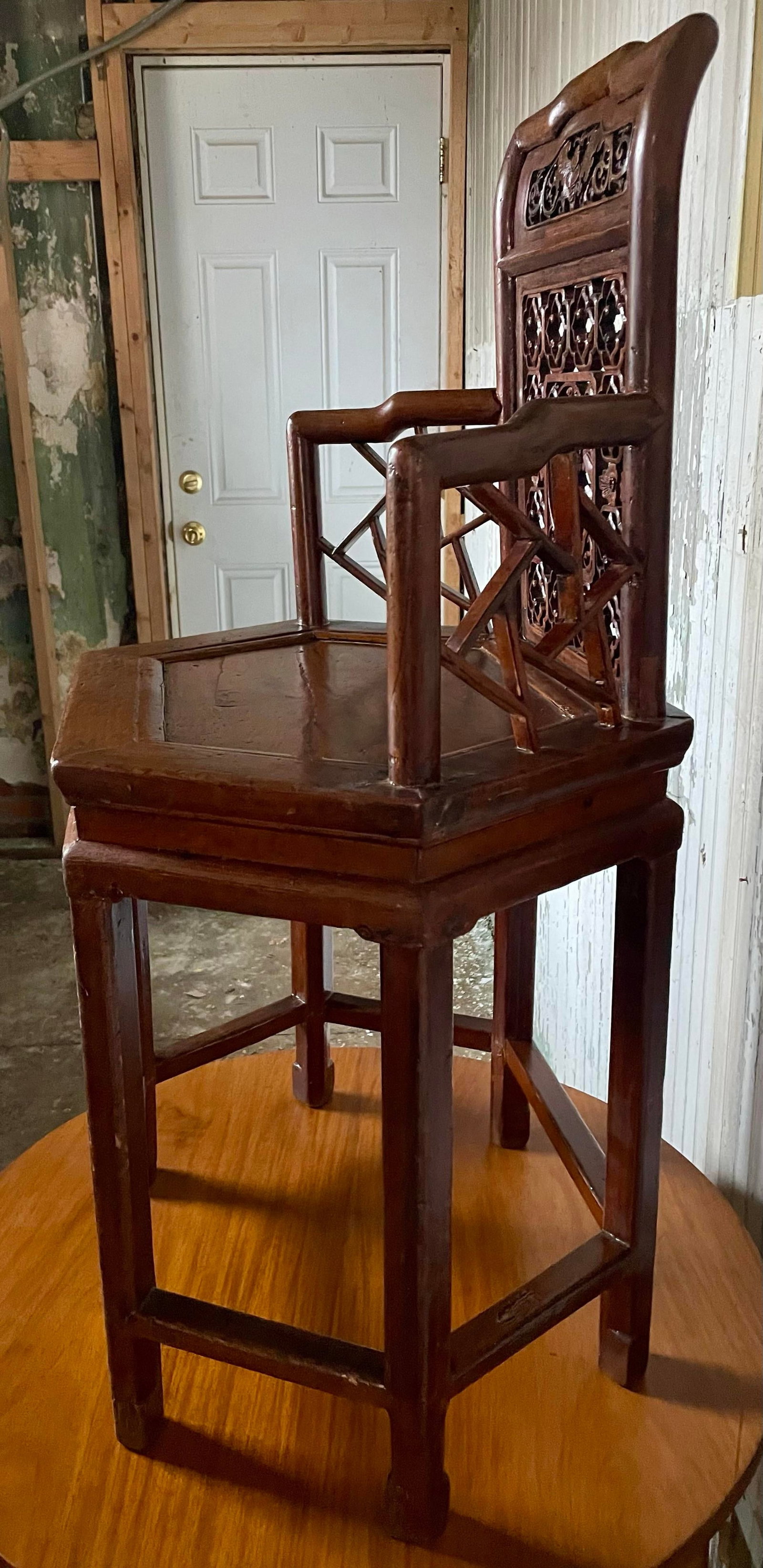 Antique Asian Chinese Style Carved Hexagonal Petit Delicate Small Chair W/Arms - 3